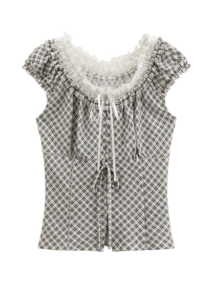 Black Plaid Lace Trim Blouse