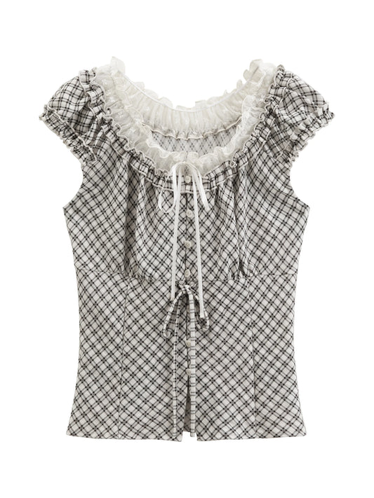 Black Plaid Lace Trim Blouse