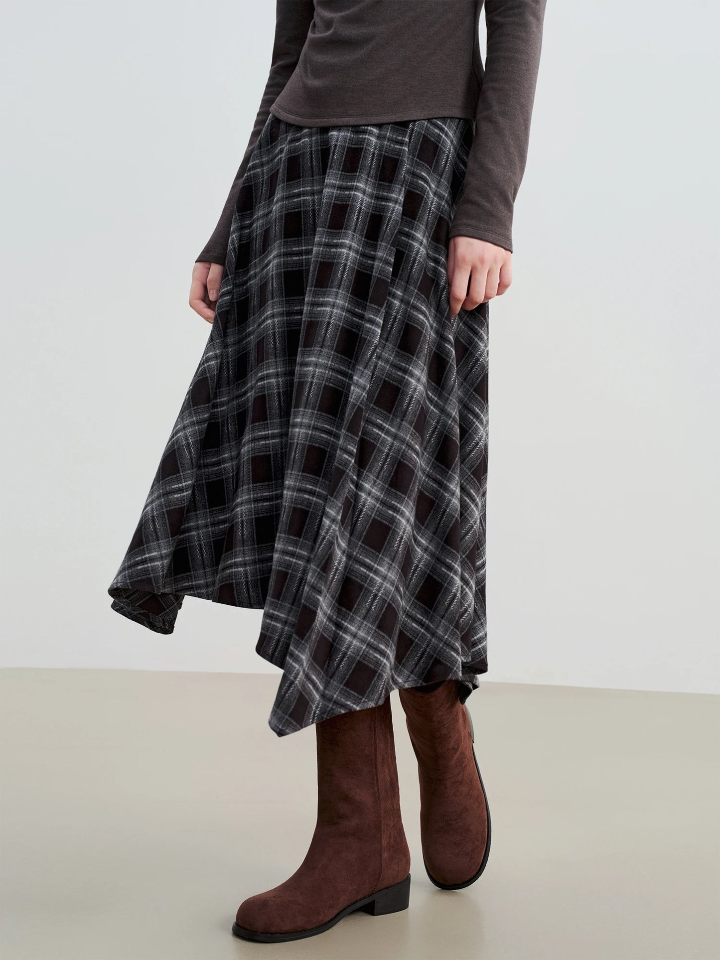 Black Plaid Swing Midi Skirt