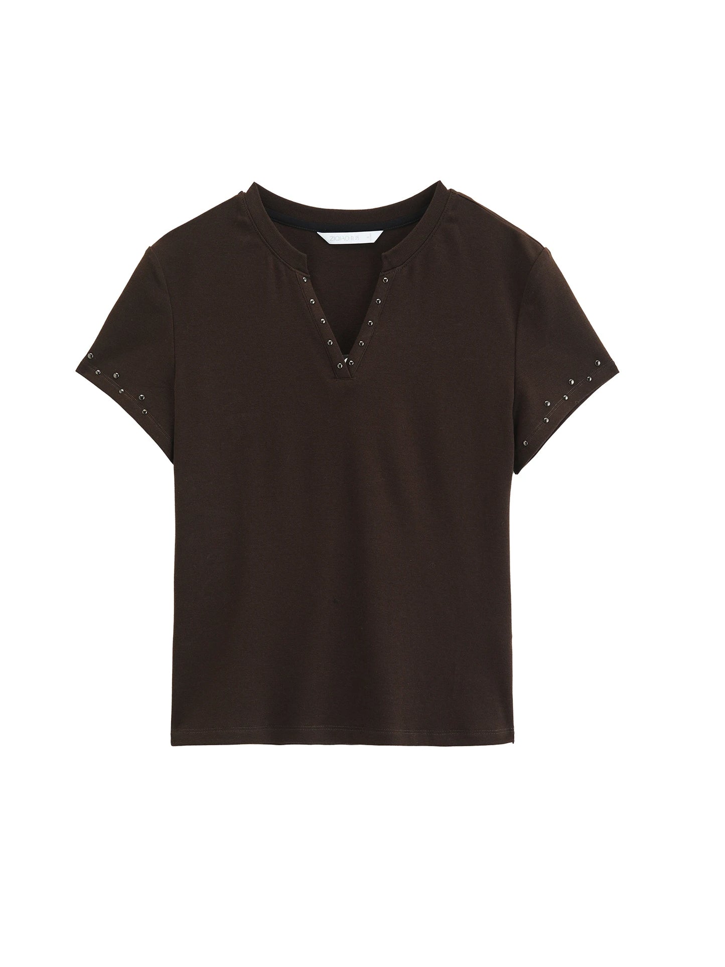 Brown Studded V-Neck Tee