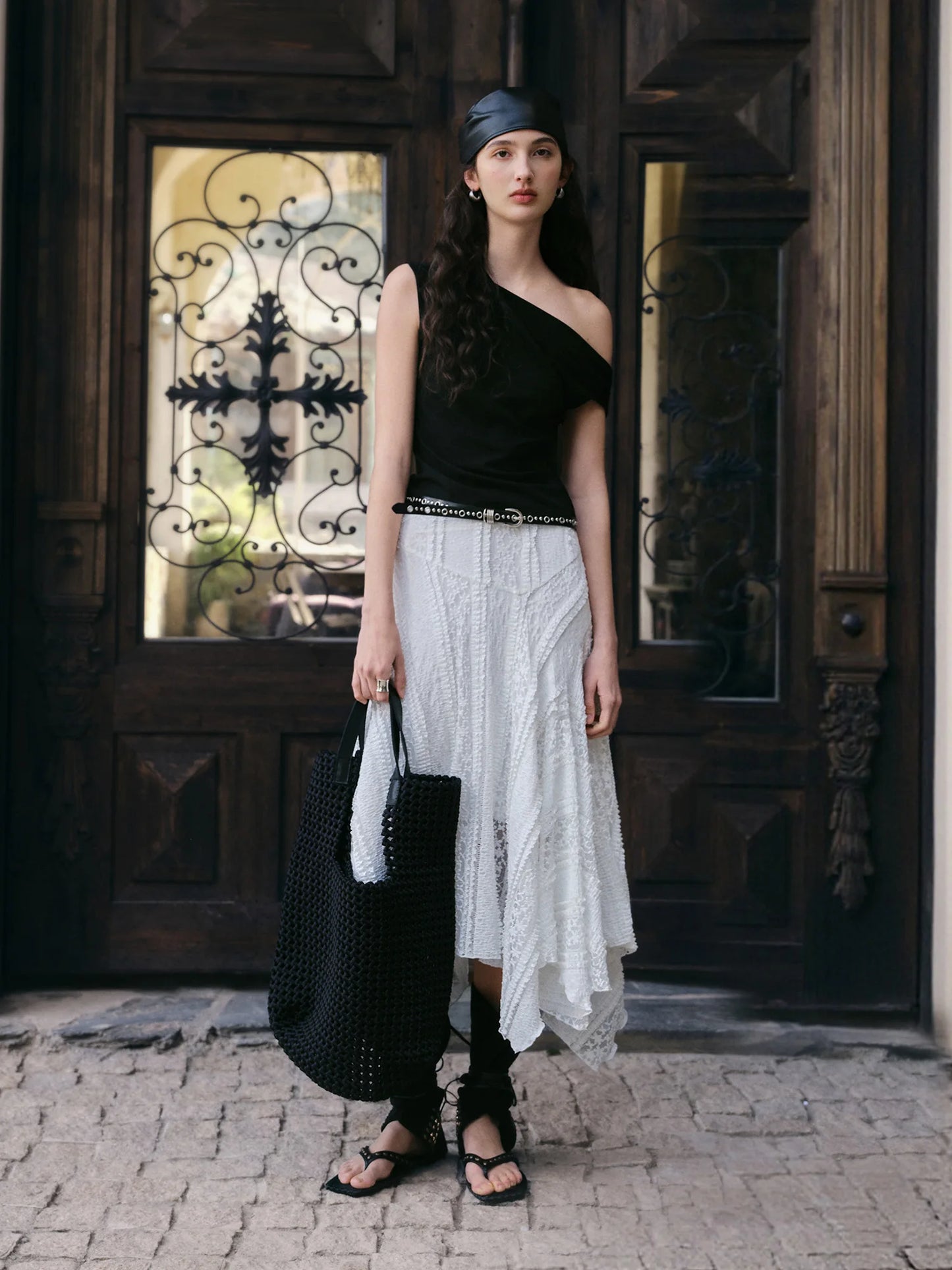 Lace Panel Asymmetric Midi Skirt