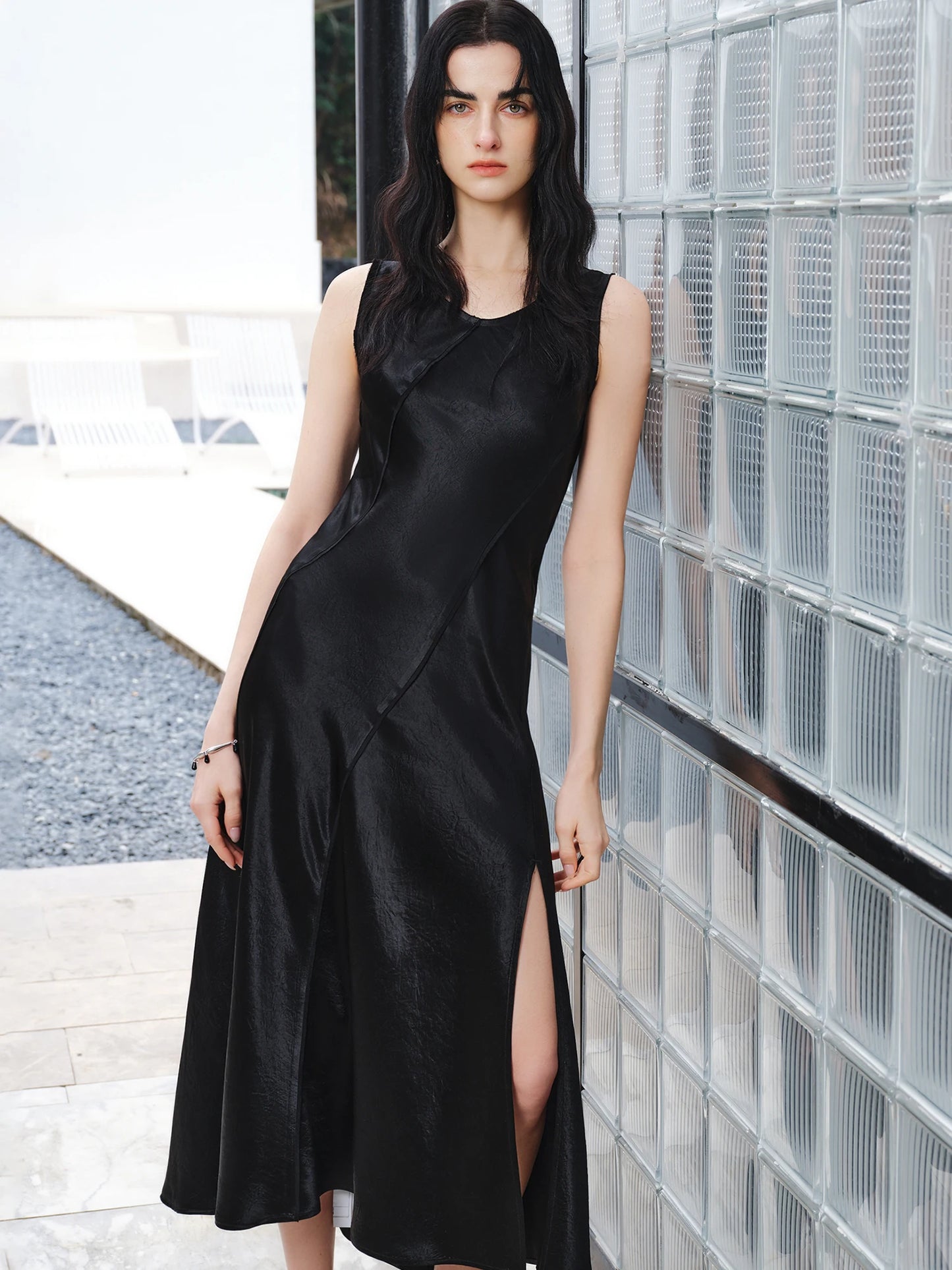 Ivory Satin U-Neck Midi Dress