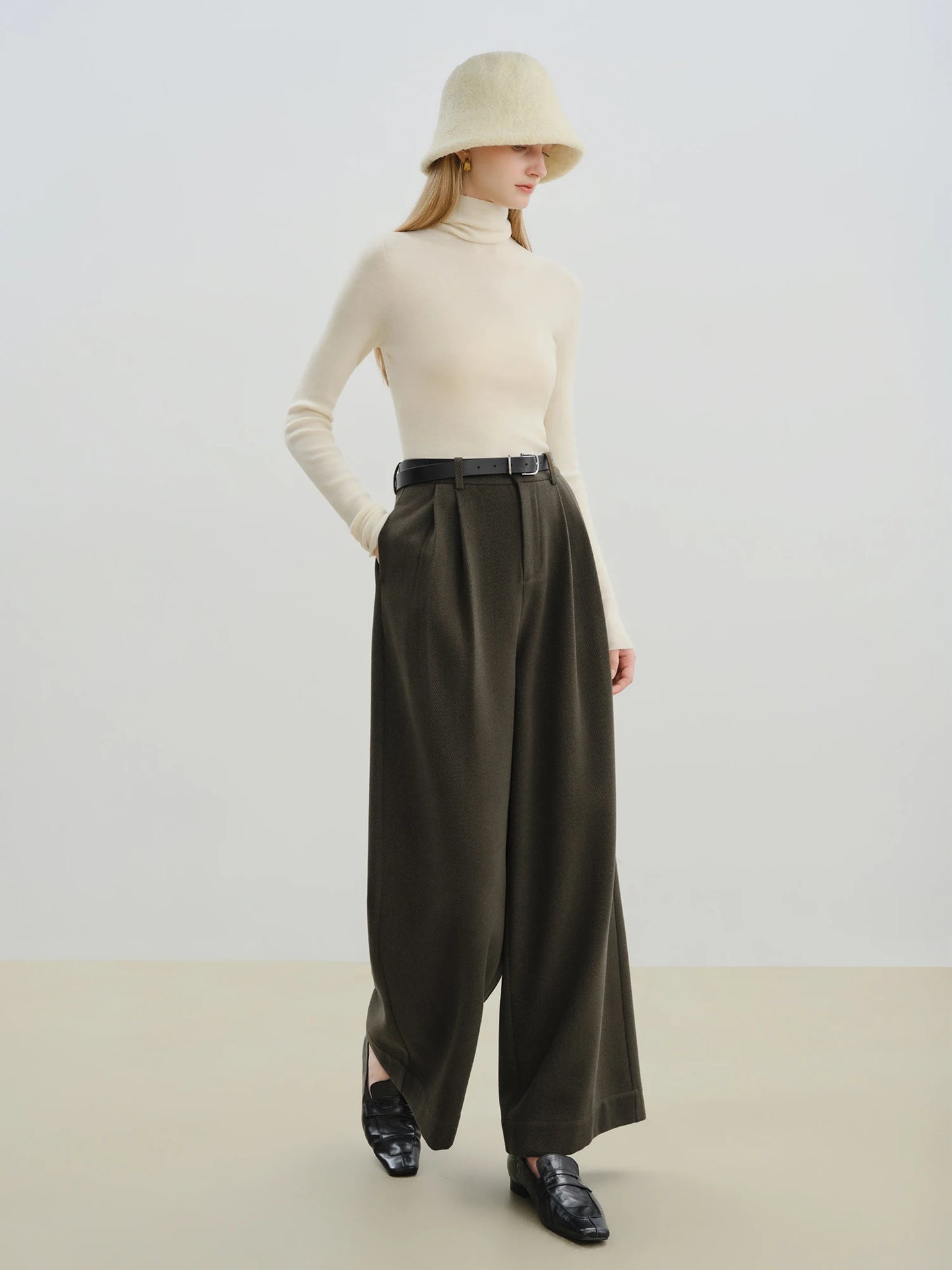 Olive Herringbone Pleated Wide Pants