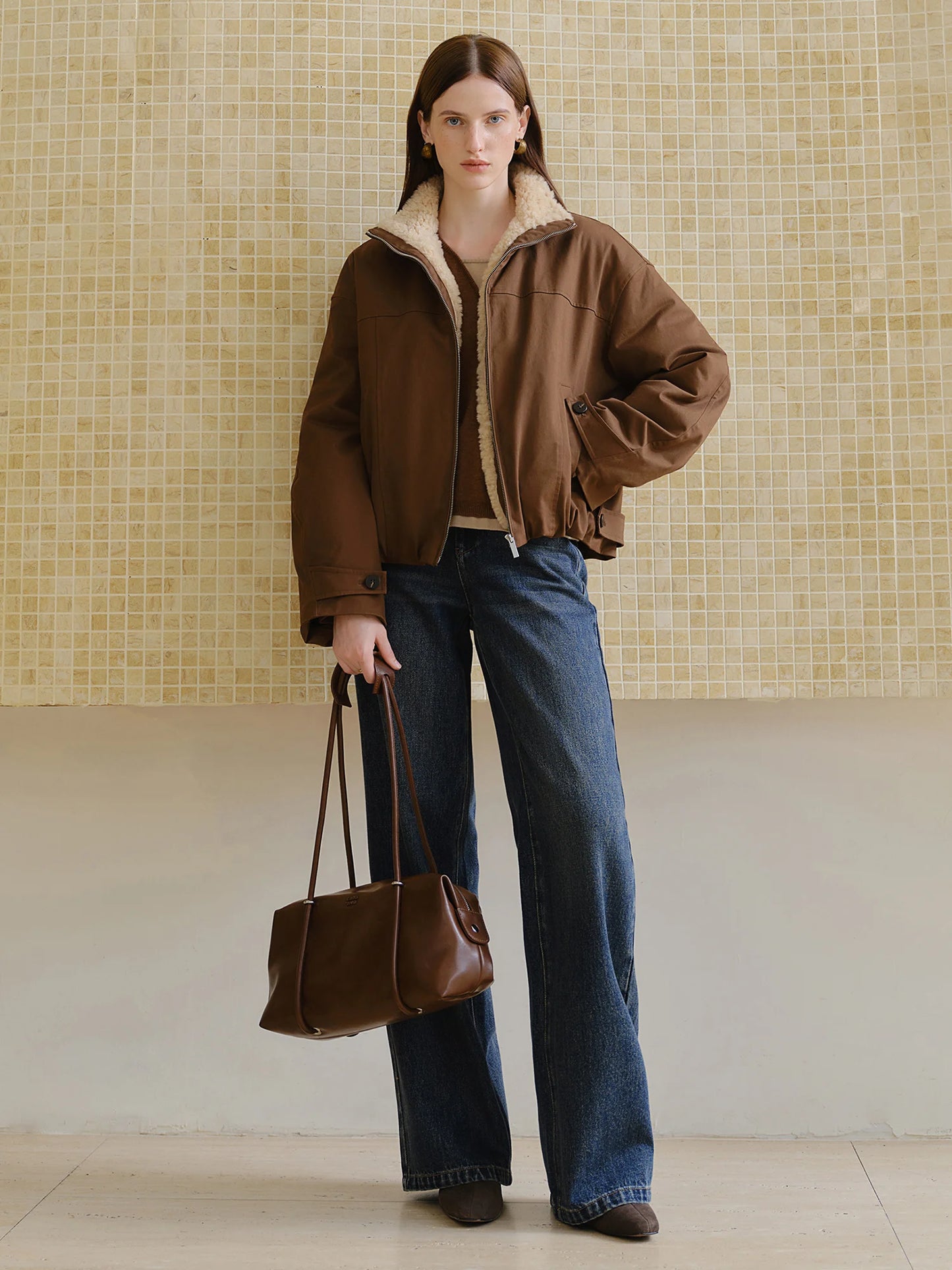 Brown Shearling Collar Zip Jacket