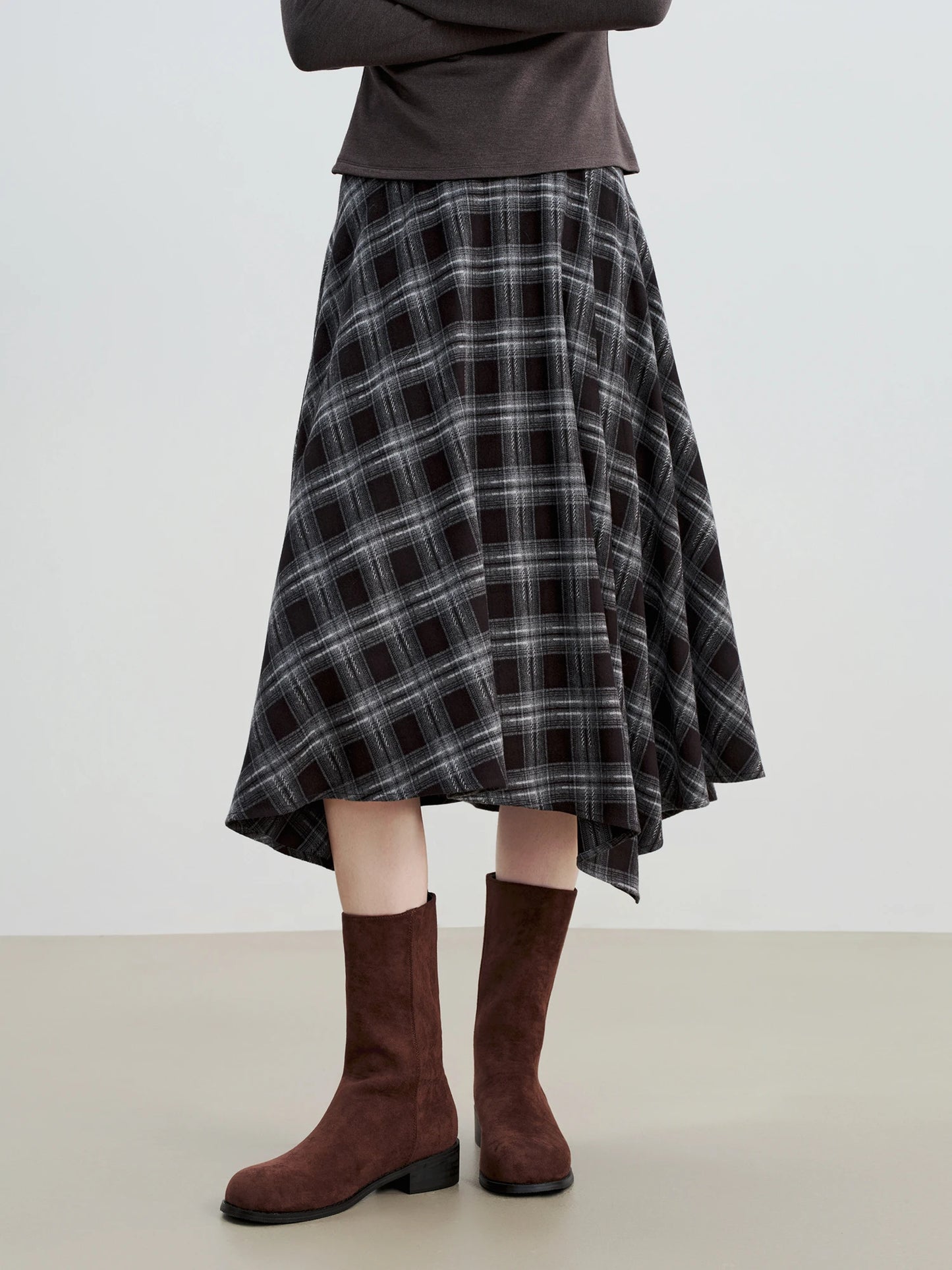 Black Plaid Swing Midi Skirt