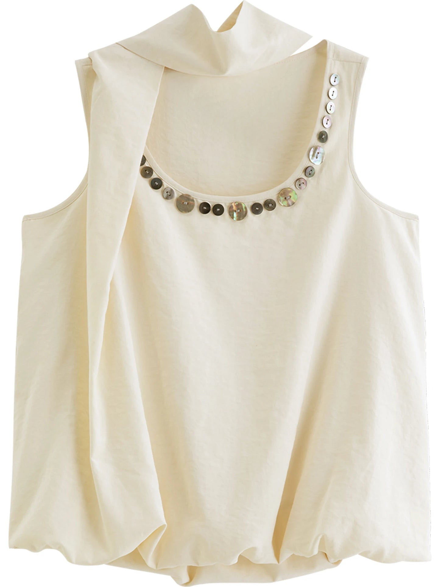 Ivory Beaded Draped Sleeveless Blouse