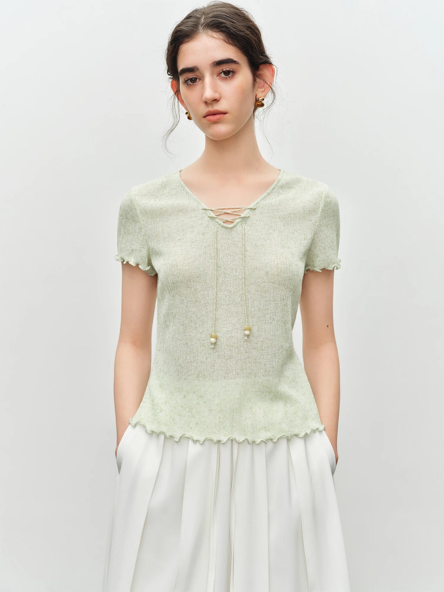 Oatmeal Lace Up Knit Top