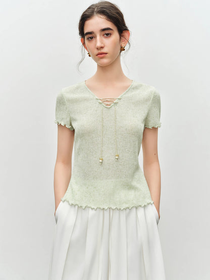Oatmeal Lace Up Knit Top