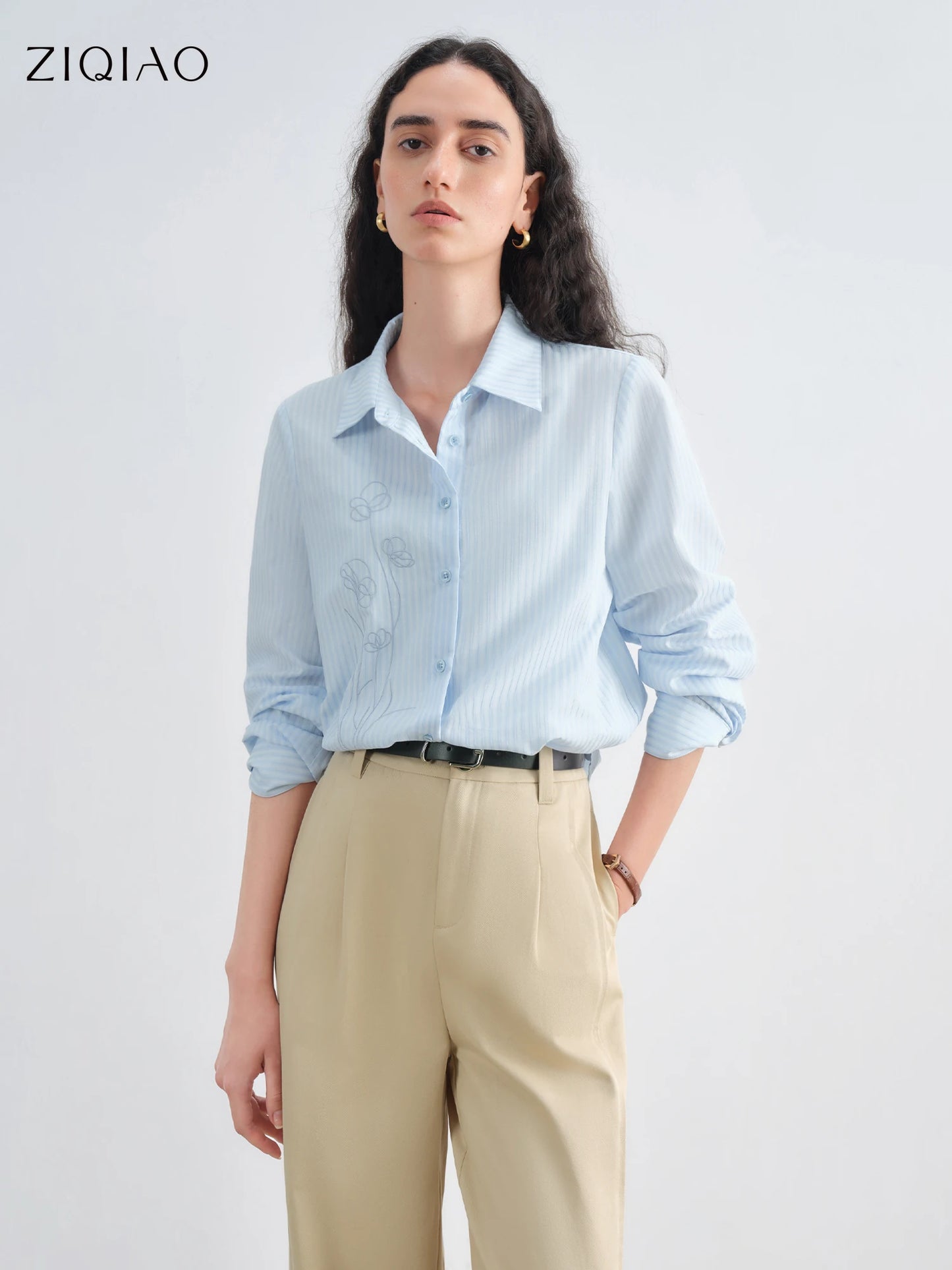 Light Blue Floral Embroidered Shirt