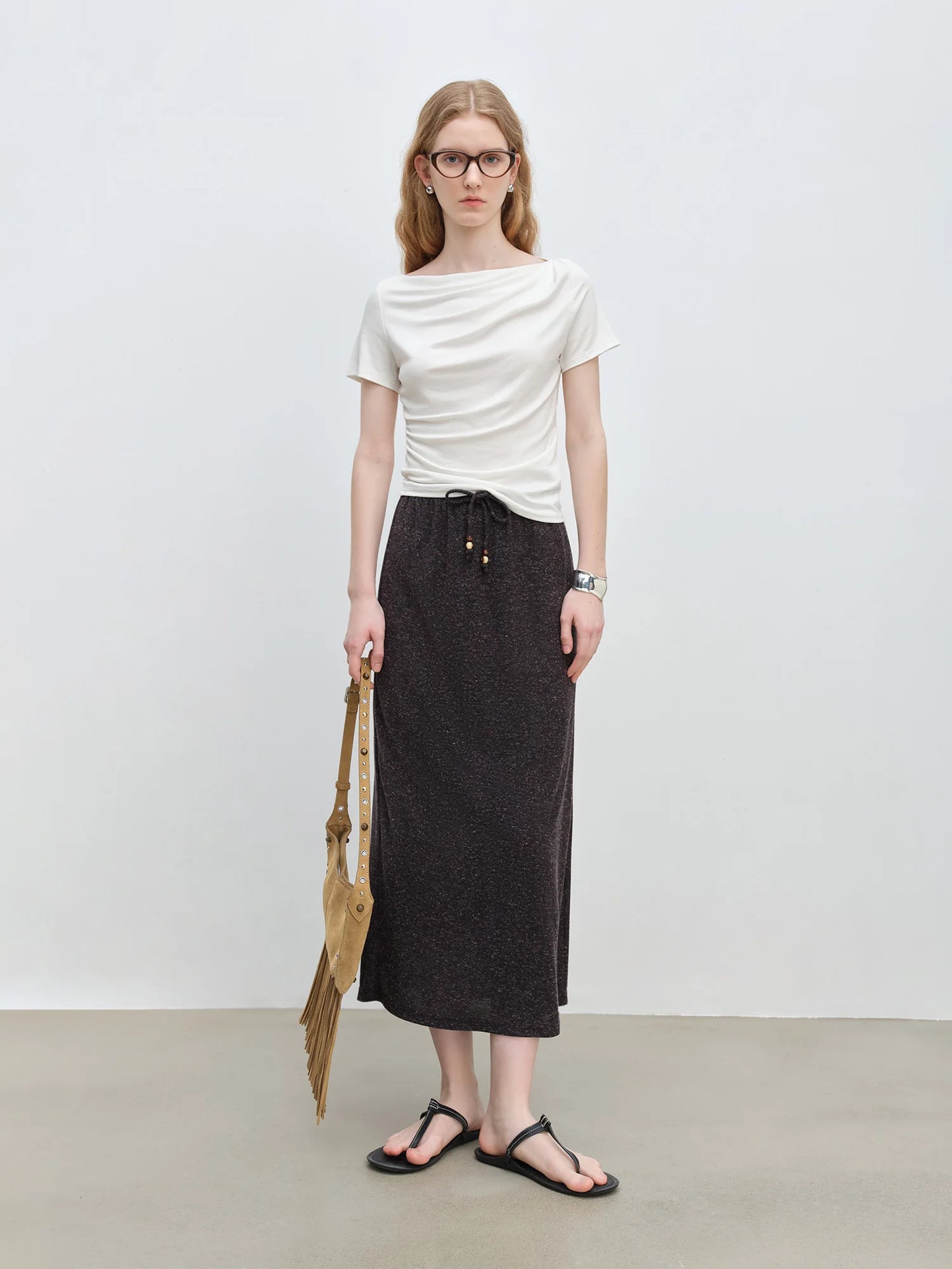 Charcoal Textured Linen Midi Skirt