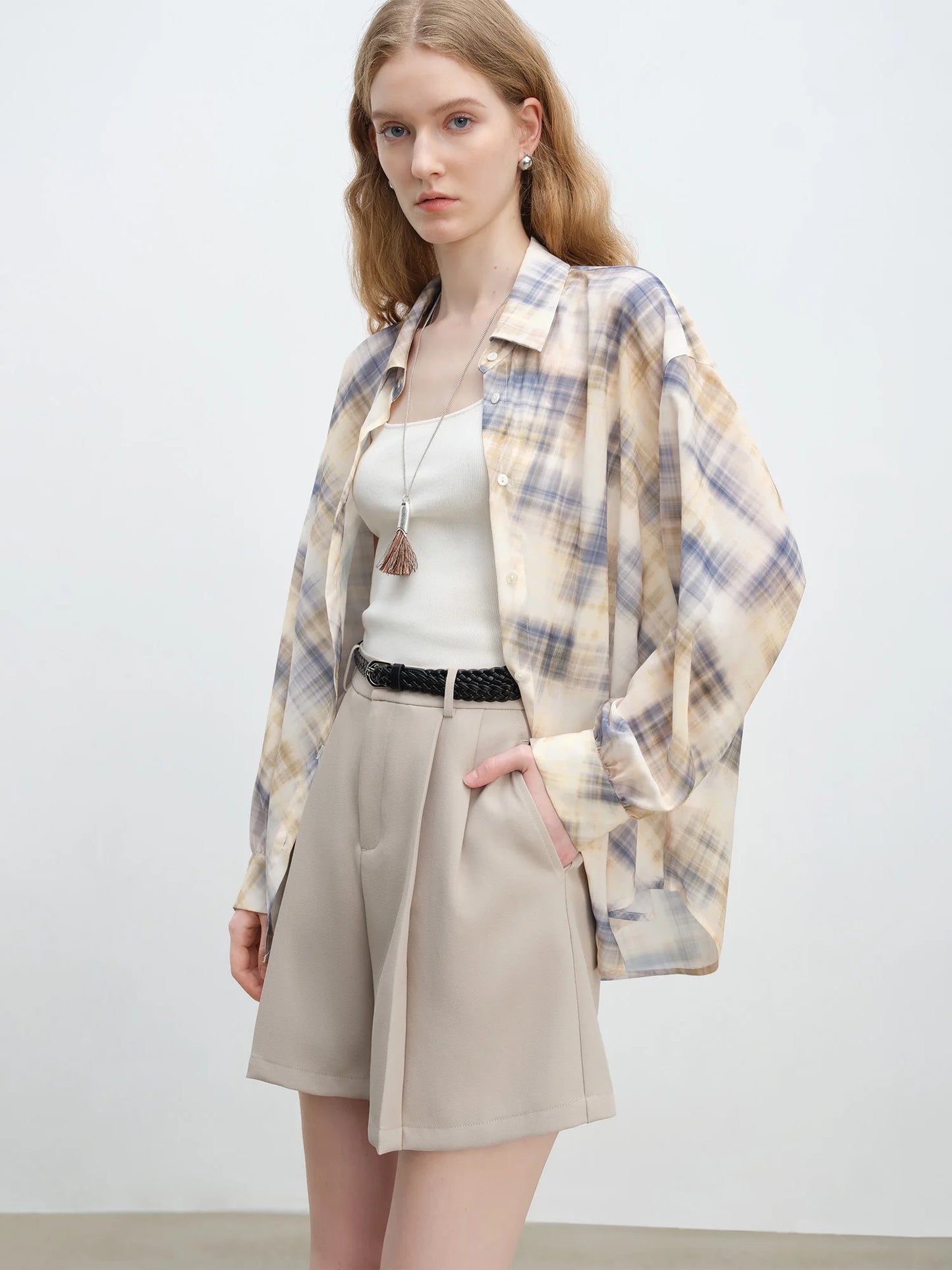 Beige Plaid Long Sleeve Shirt