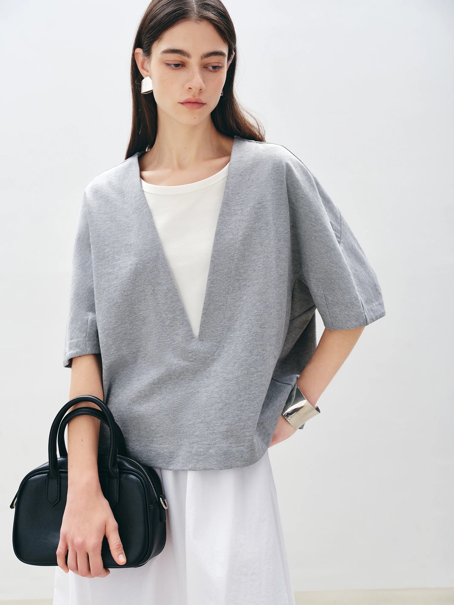 Gray Layered V-Neck Knit Top