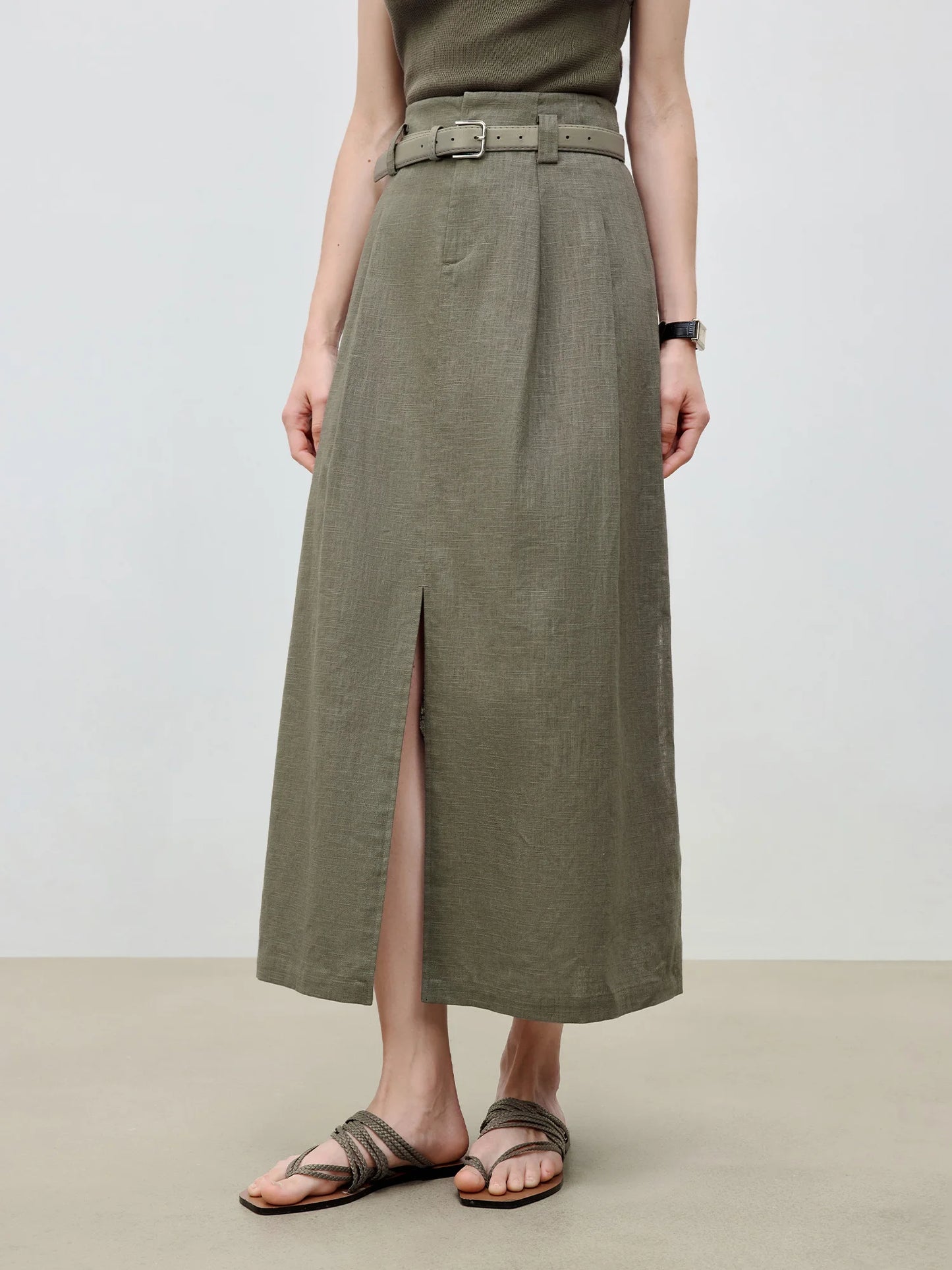 Linen A-Line Vent Hem Midi Skirt