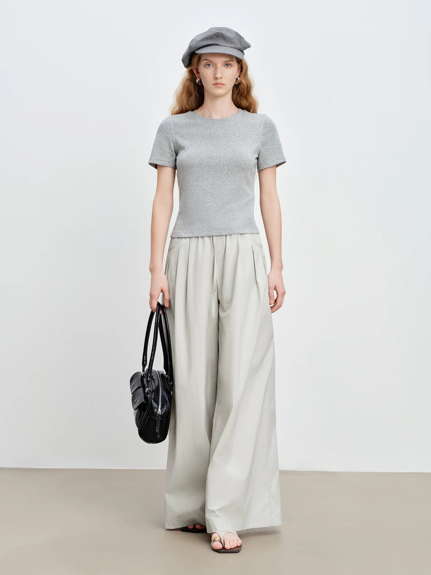 Khaki Pleated Drawstring Wide Pants