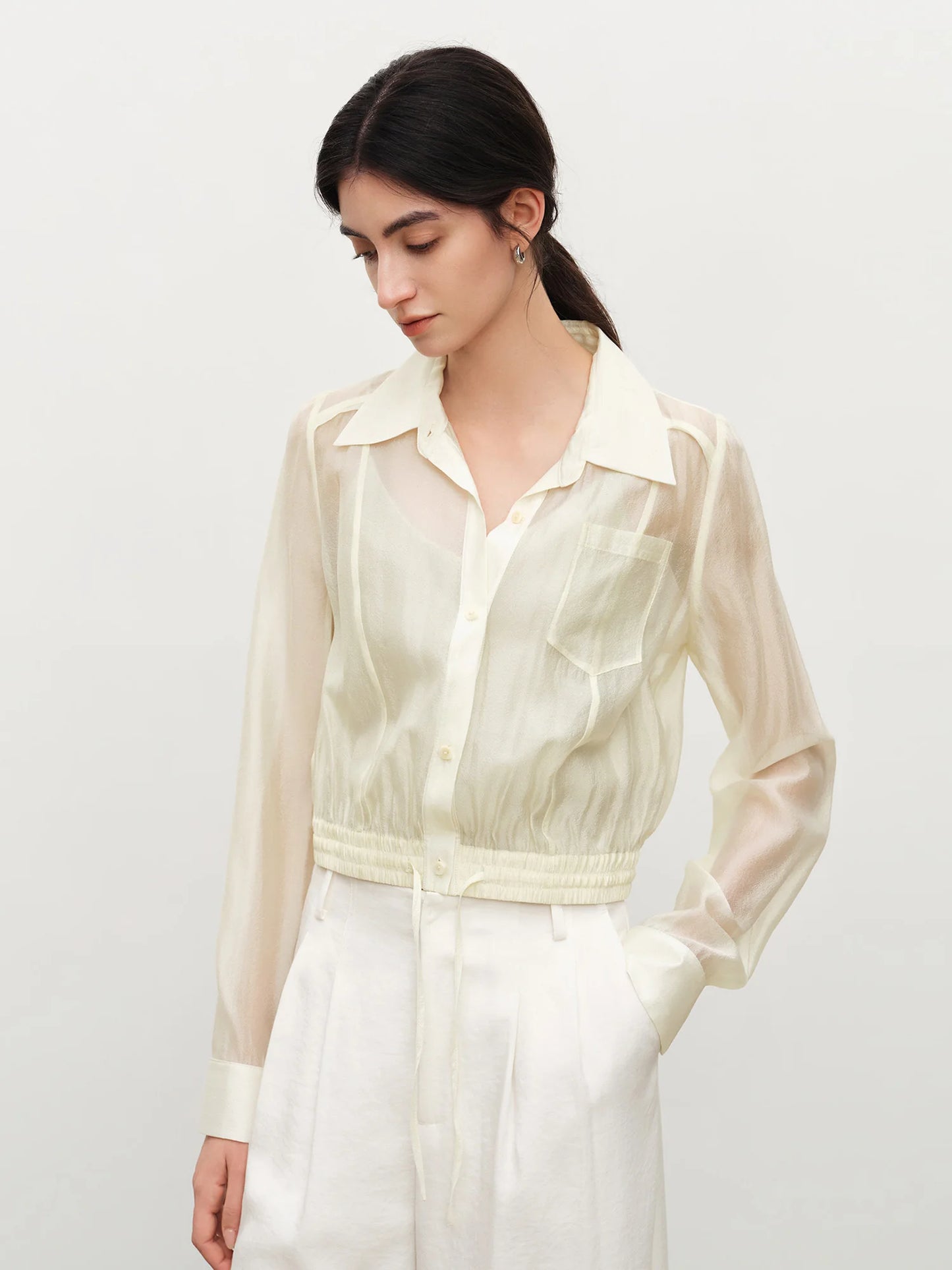 Ivory Drawstring Hem Button Shirt