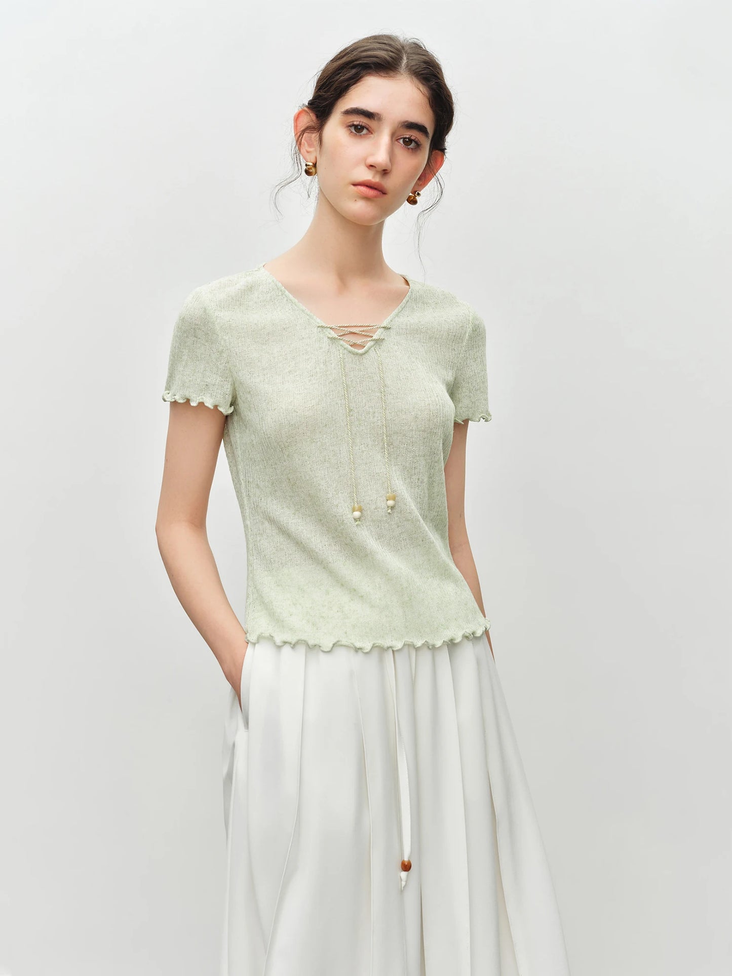 Oatmeal Lace Up Knit Top