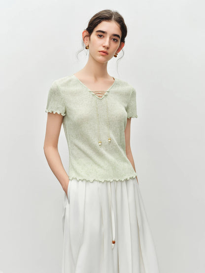Oatmeal Lace Up Knit Top