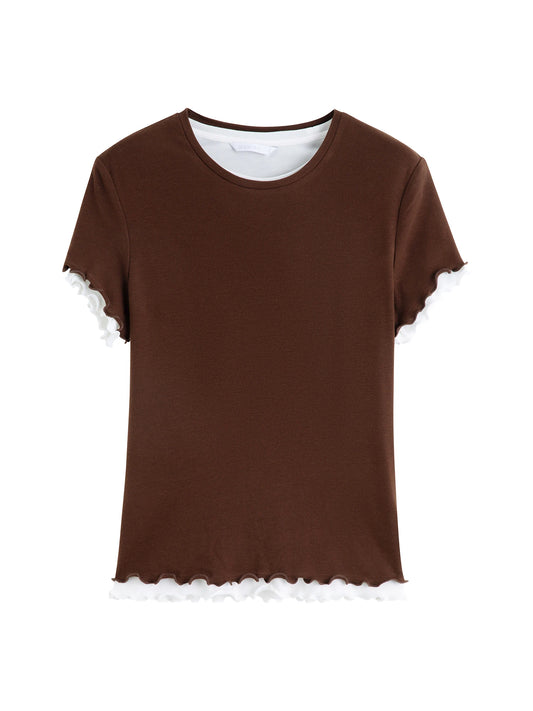 Brown Ruffle Trim Layered Tee