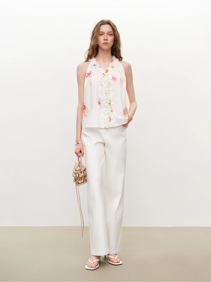 White Floral Embroidered Sleeveless Blouse