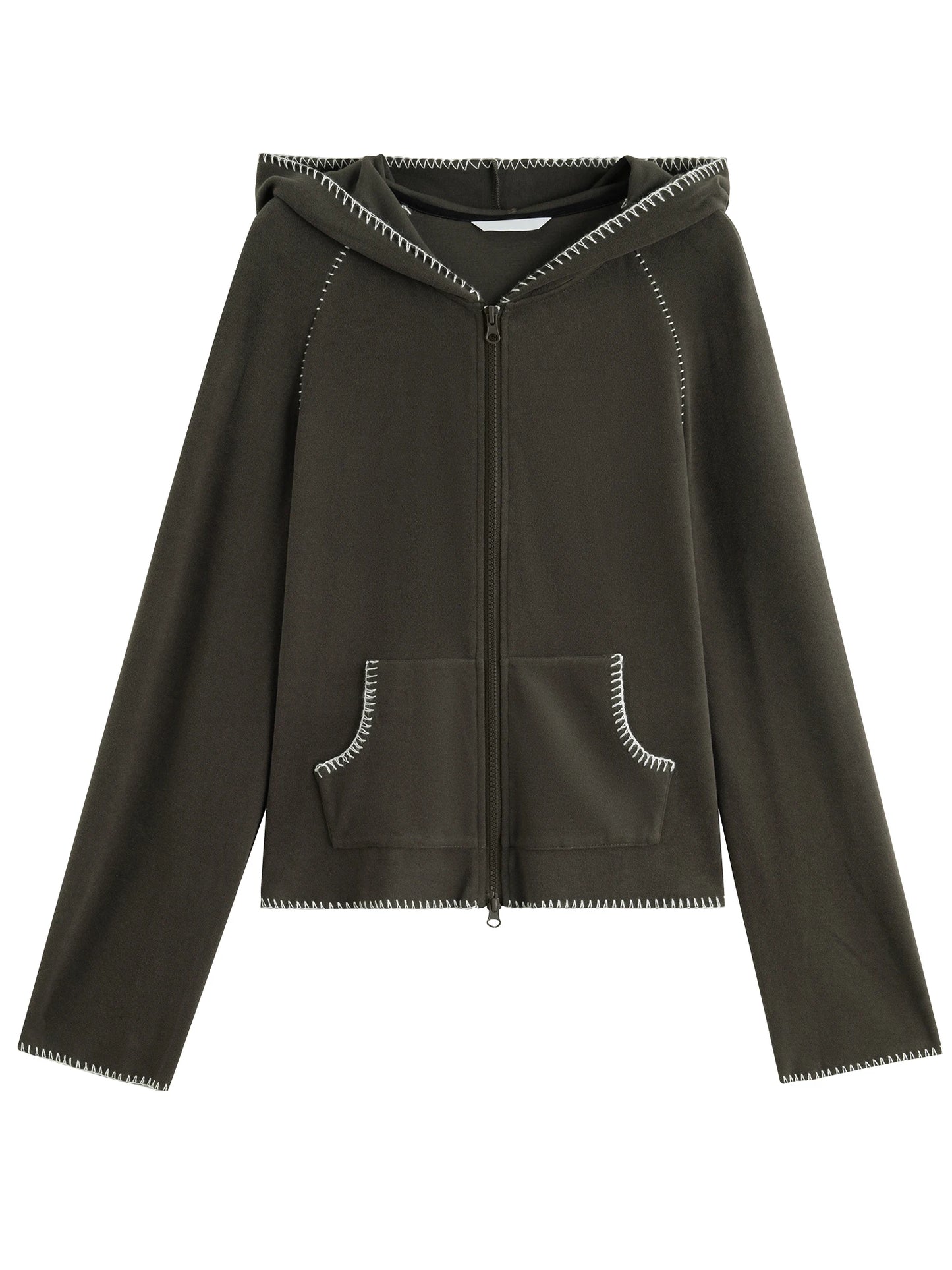 Olive Contrast Stitch Zip Hoodie