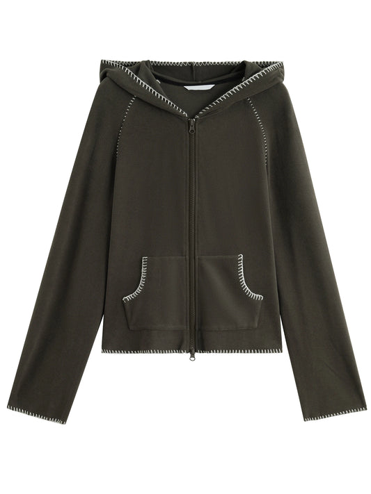 Olive Contrast Stitch Zip Hoodie