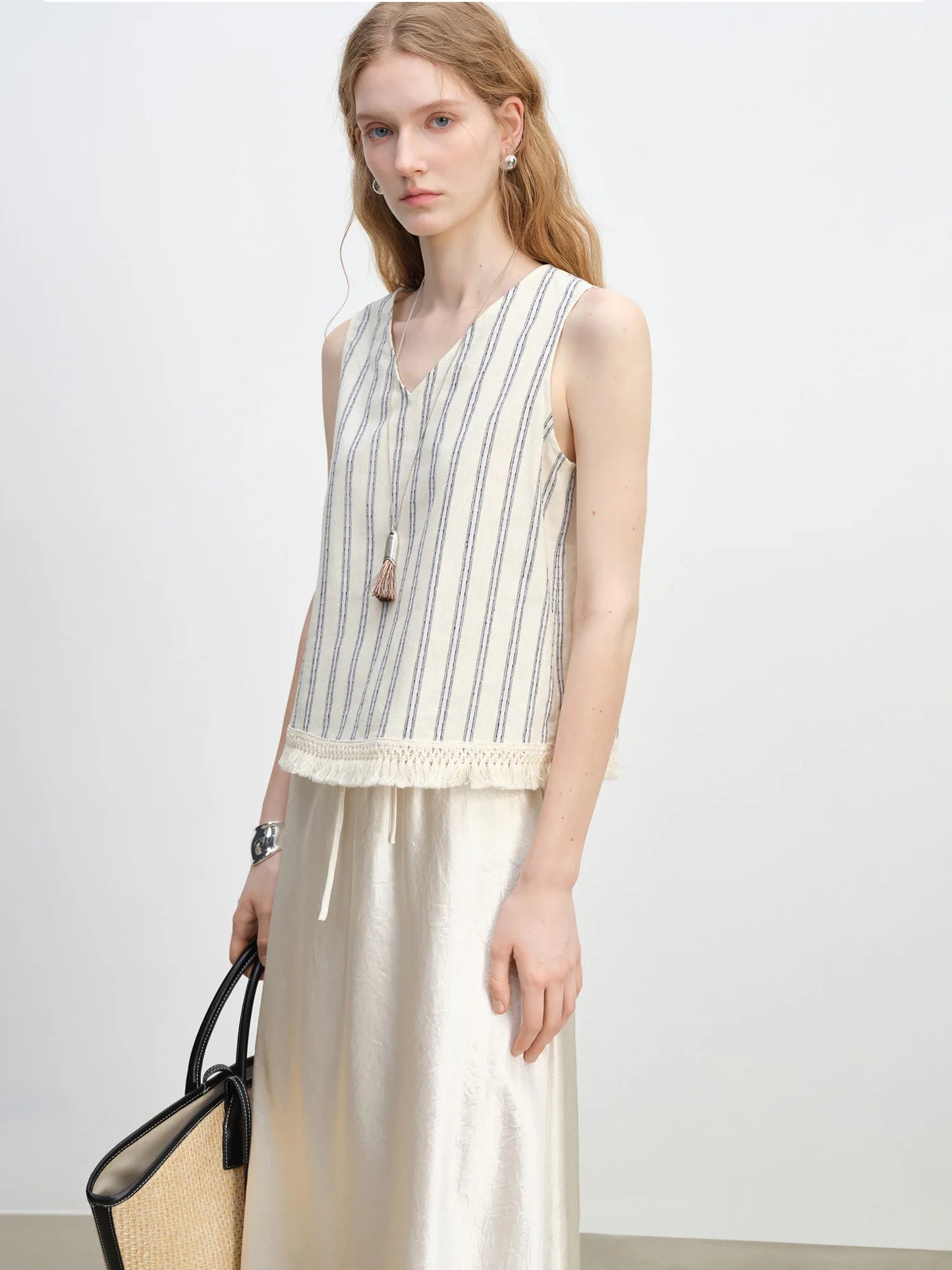 White Striped Sleeveless Linen Top