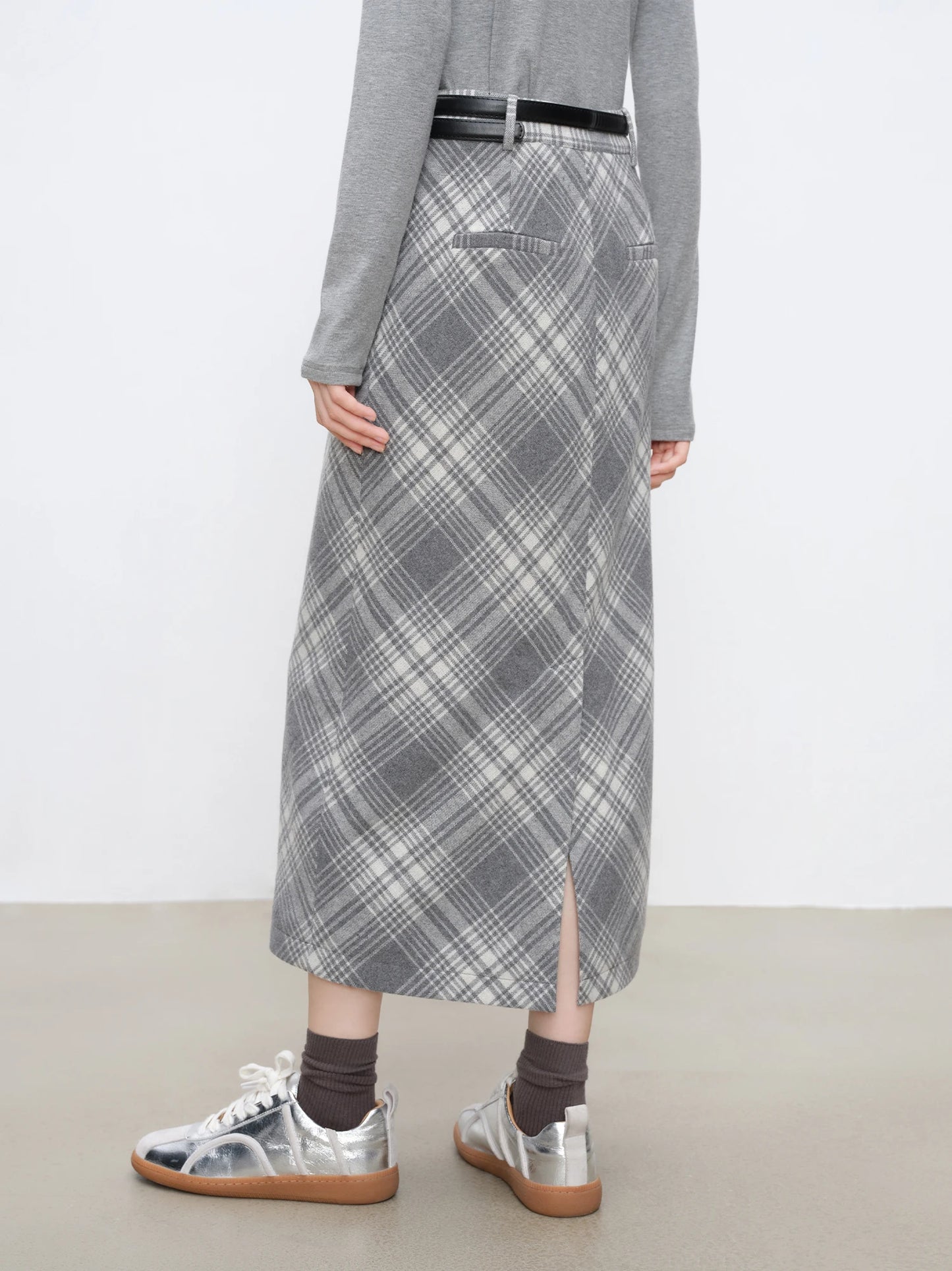 Grey Plaid Straight Midi Skirt