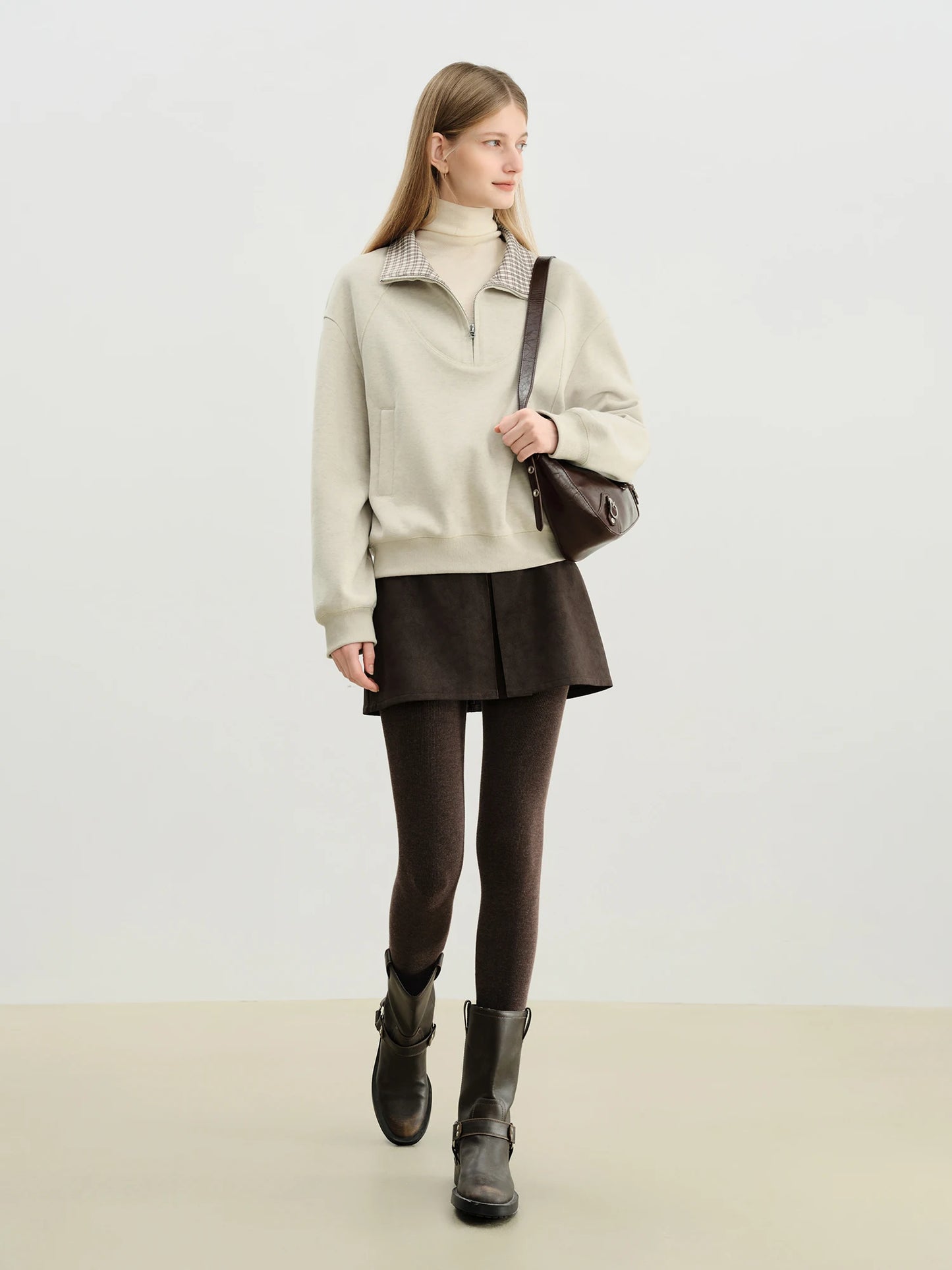 Ivory Plaid Collar Zip Sweatshirt