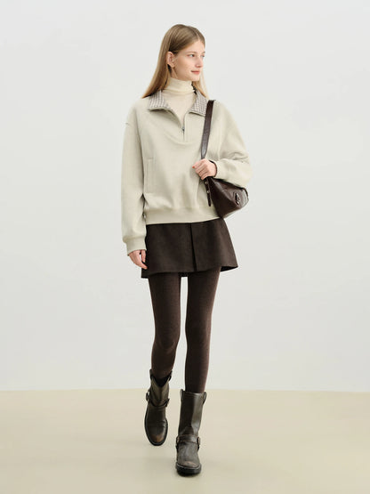 Ivory Plaid Collar Zip Sweatshirt