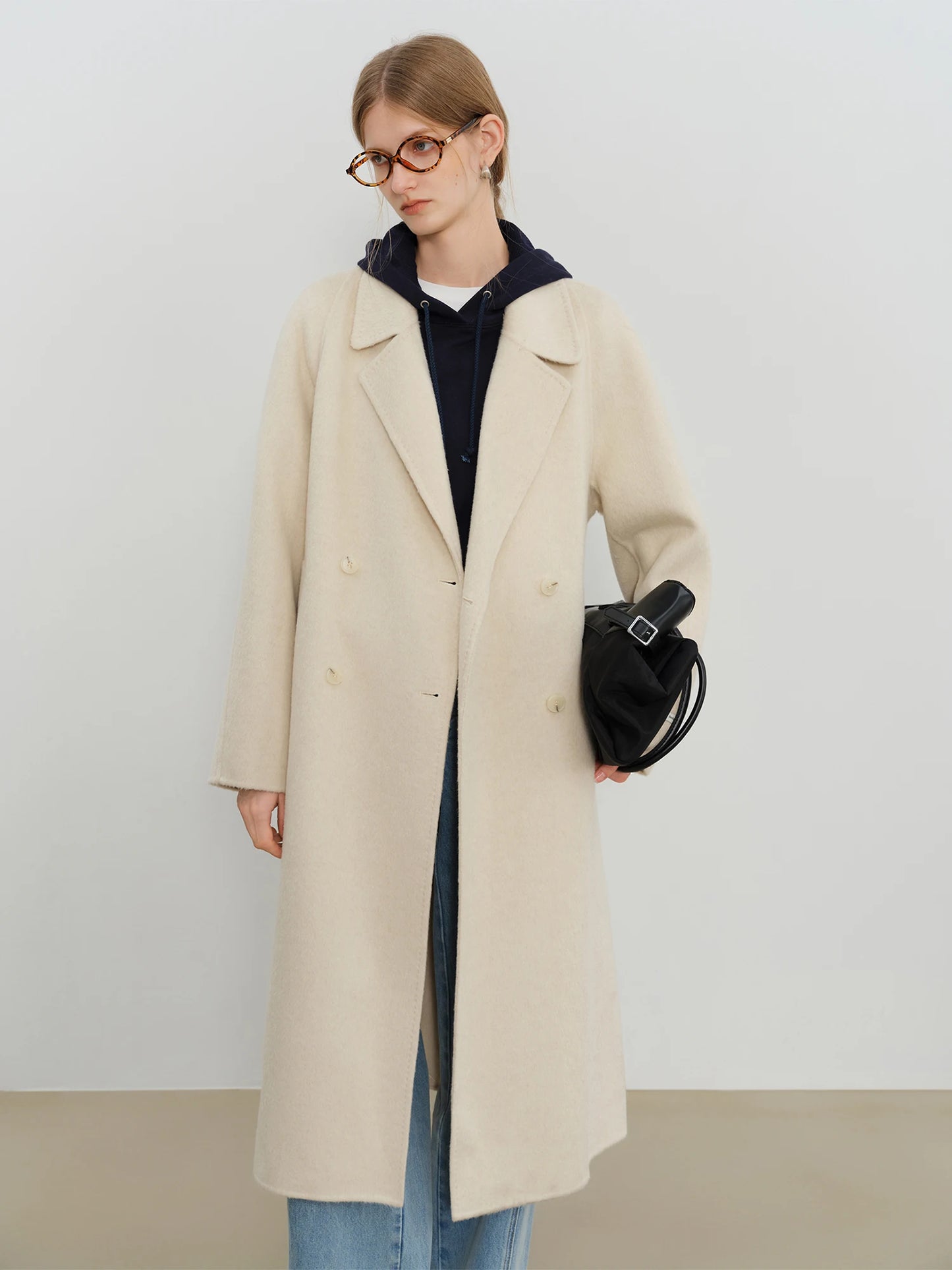 Black Belted Lapel Wool Coat
