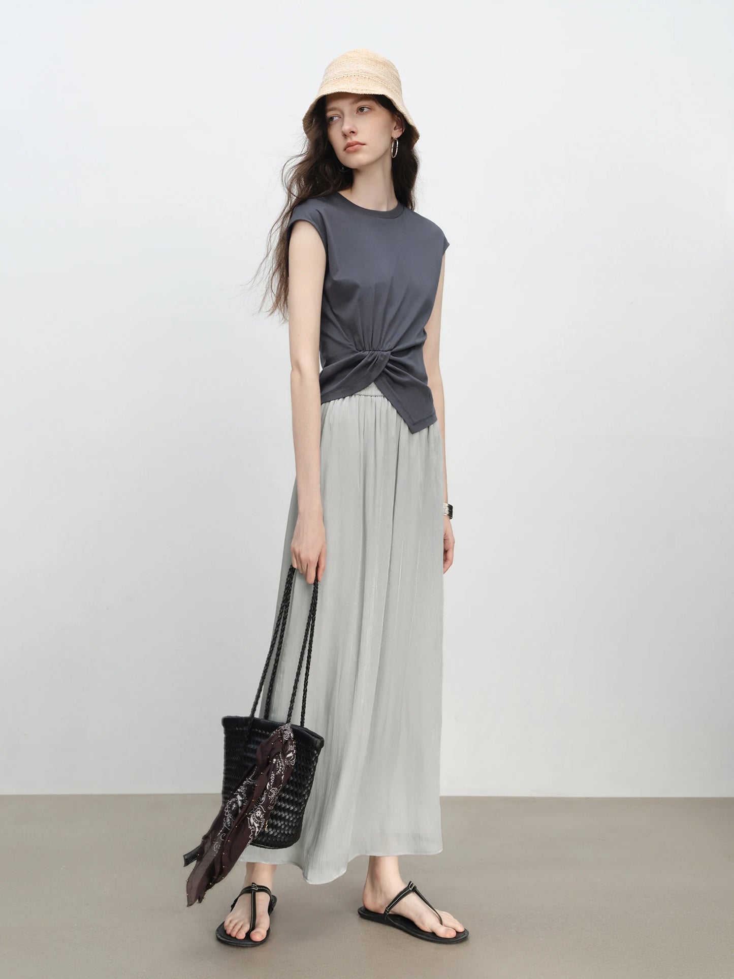 Charcoal Twist Knot Cap Sleeve Top