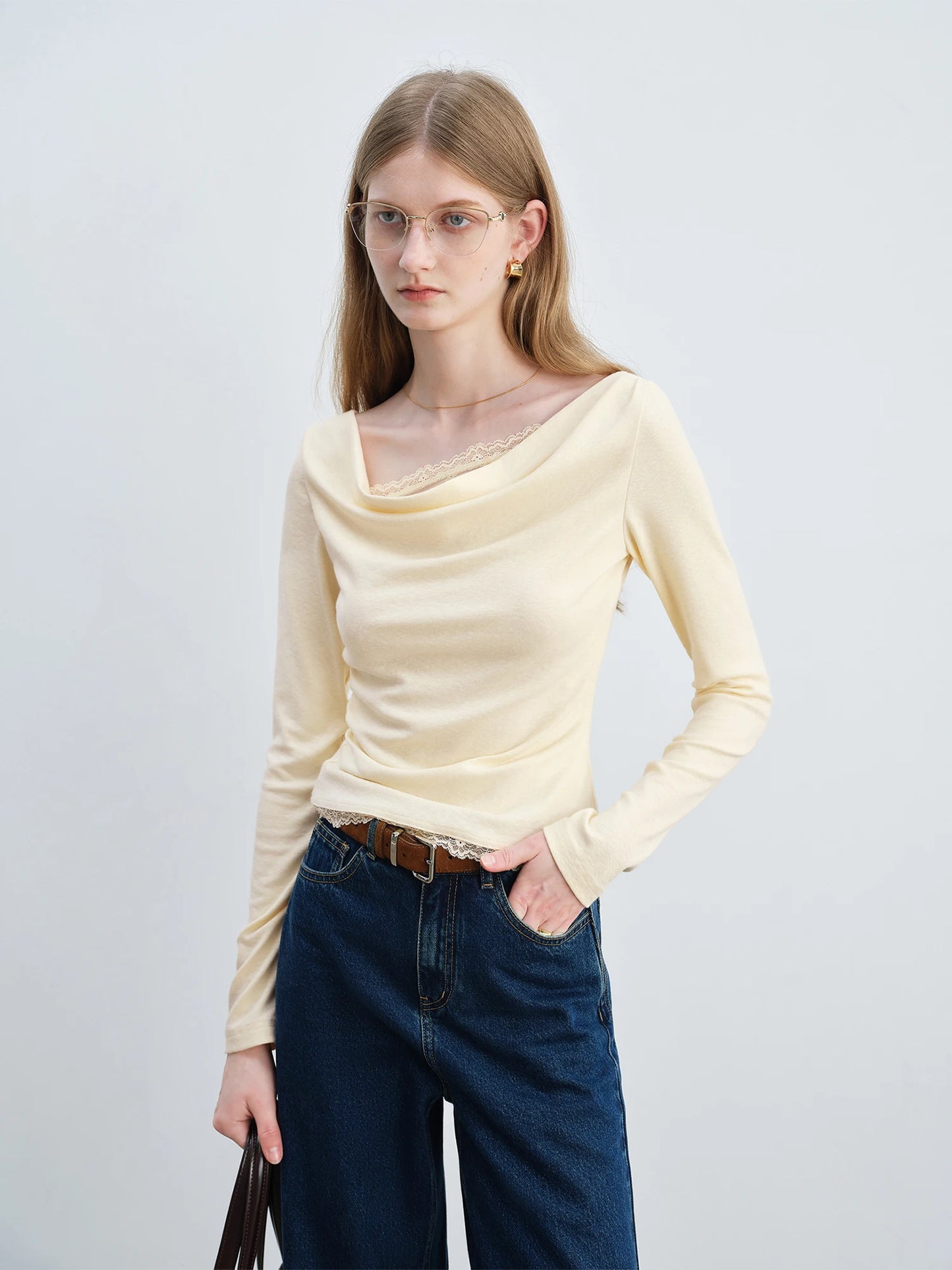 Mauve Lace Trim Cowl Neck Top