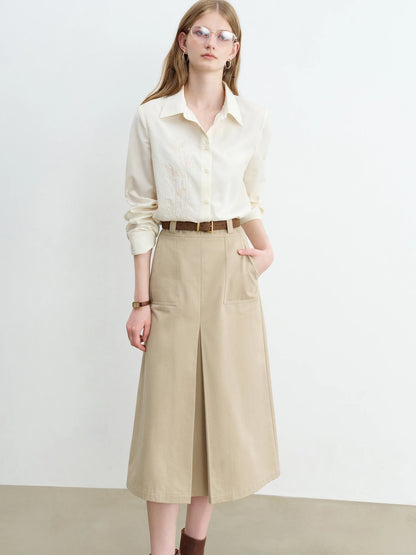 Beige Pocket A-Line Midi Skirt