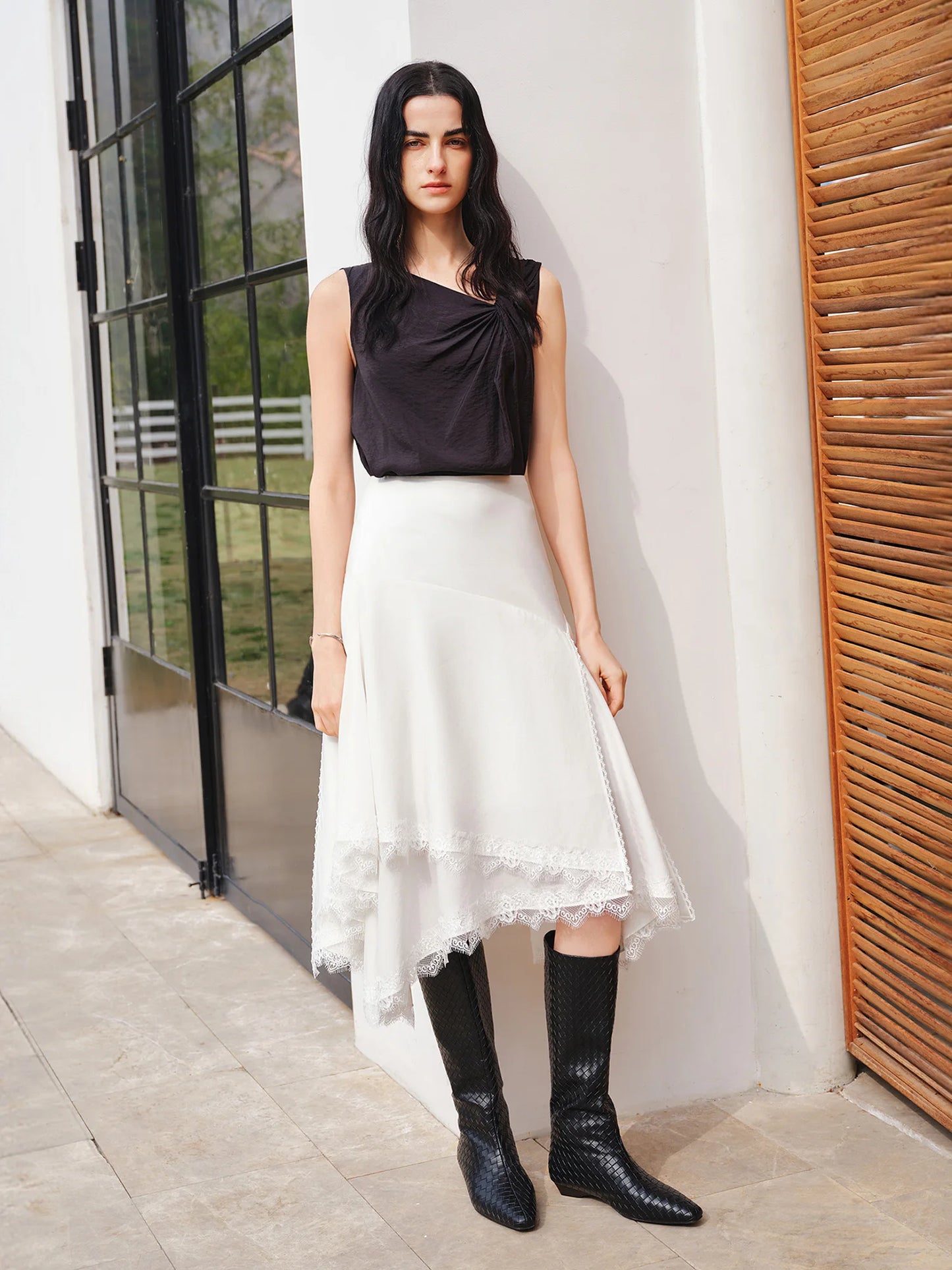 Tan Lace Print Asymmetric Skirt