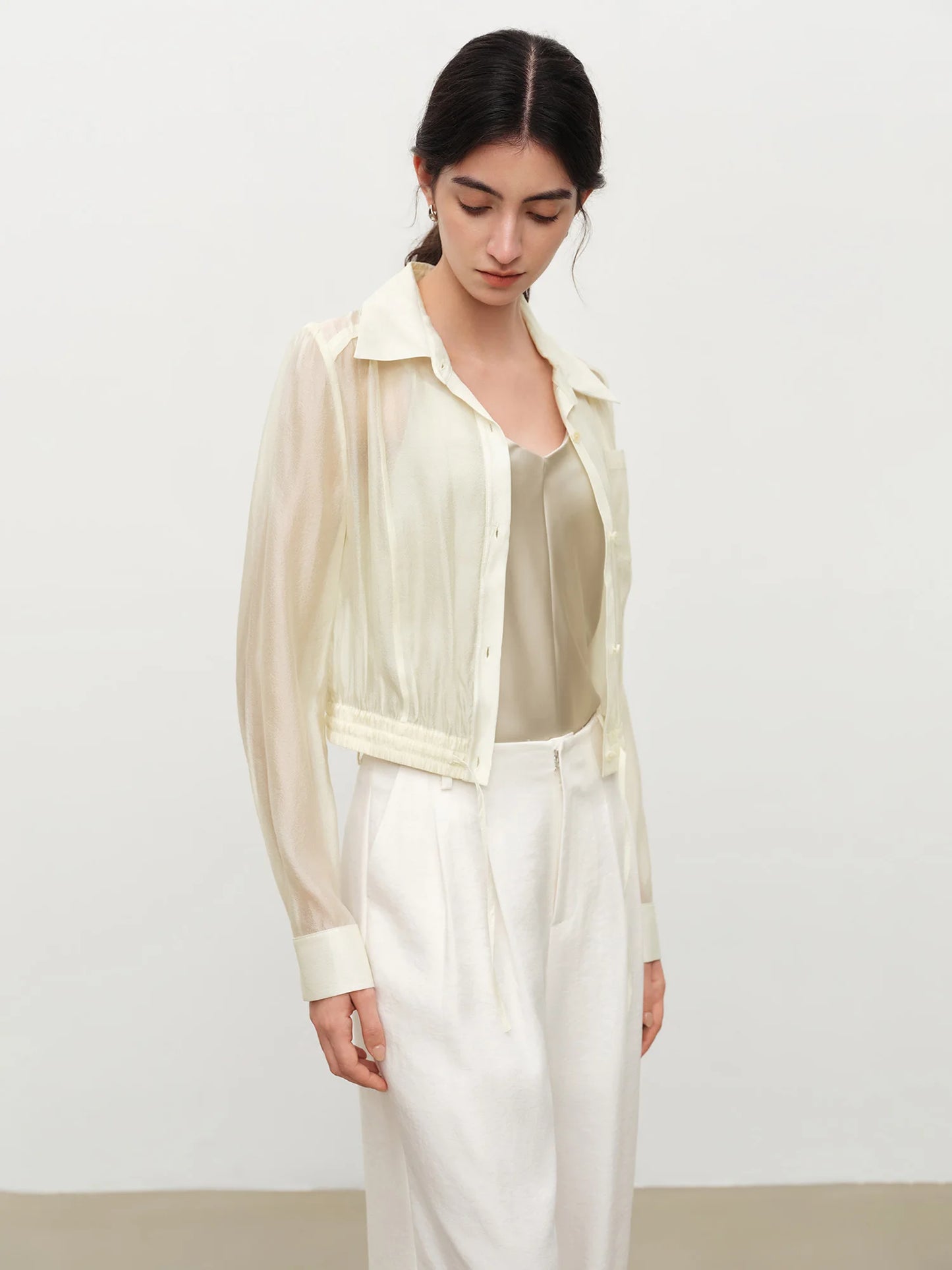 Ivory Drawstring Hem Button Shirt