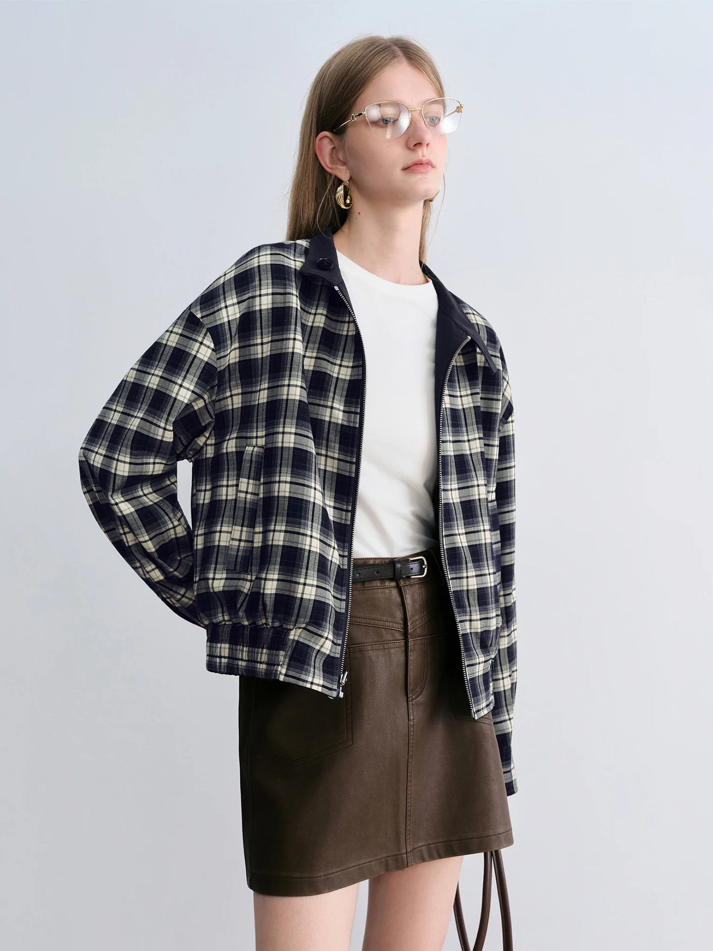 Navy Plaid Zip Short Jacket