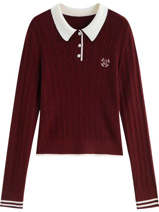 Burgundy Contrast Collar Polo Sweater