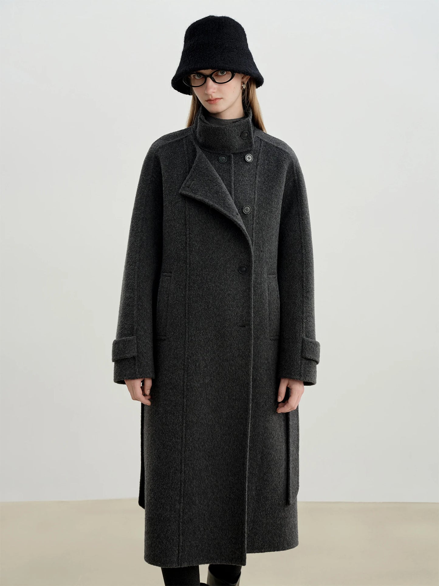 Grey Stand Collar Wool Coat