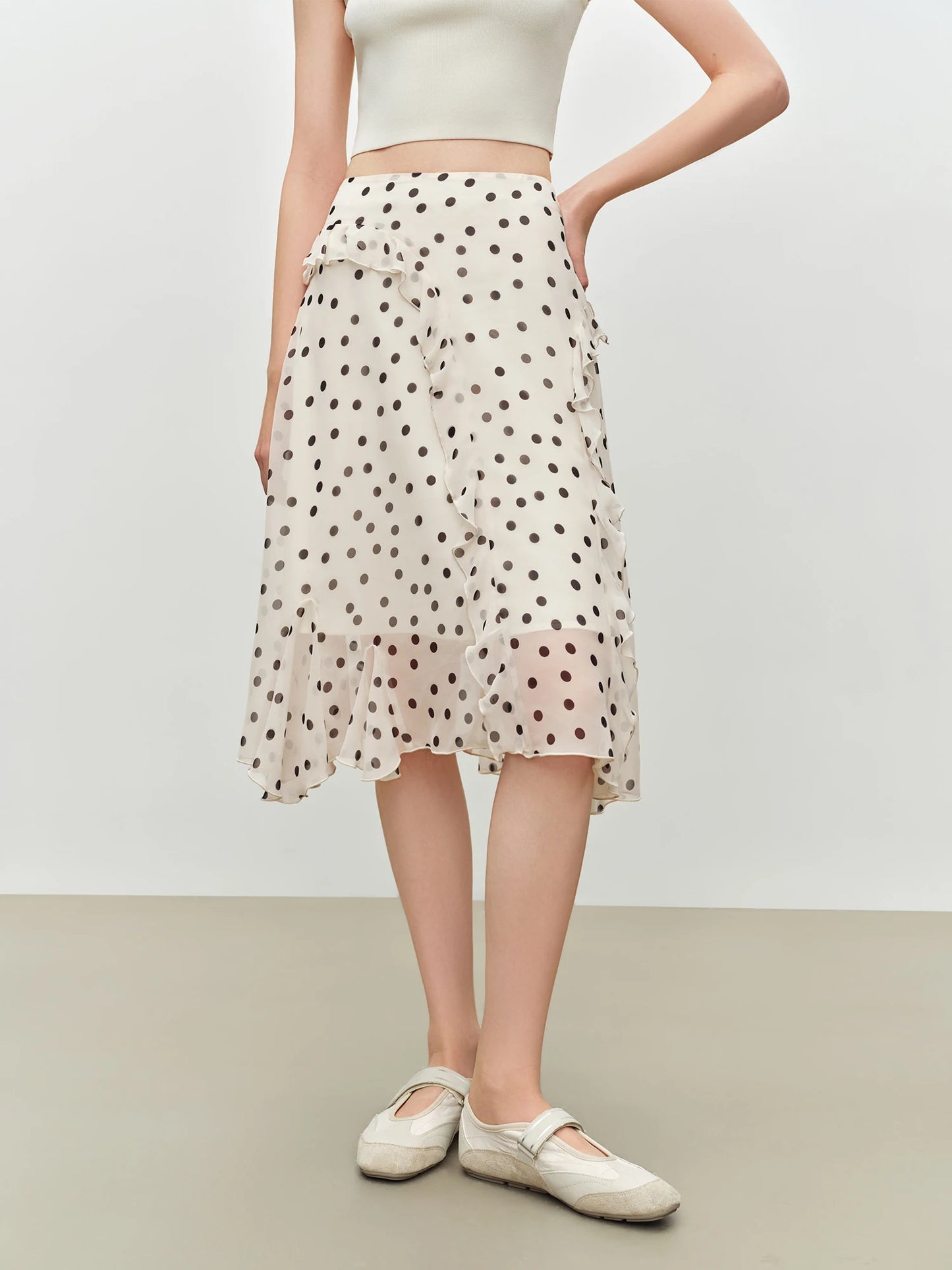 Dot Ruffle Asymmetric Midi Skirt
