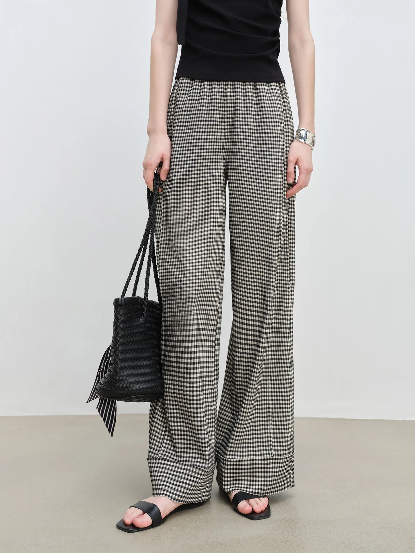 Gingham Elastic Wide Leg Pants