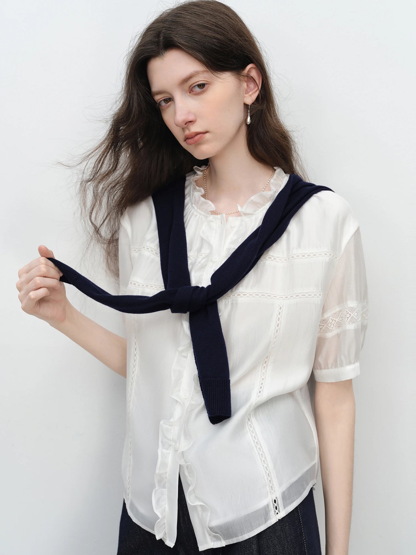 White Ruffle Collar Button Blouse