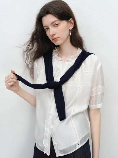 White Ruffle Collar Button Blouse