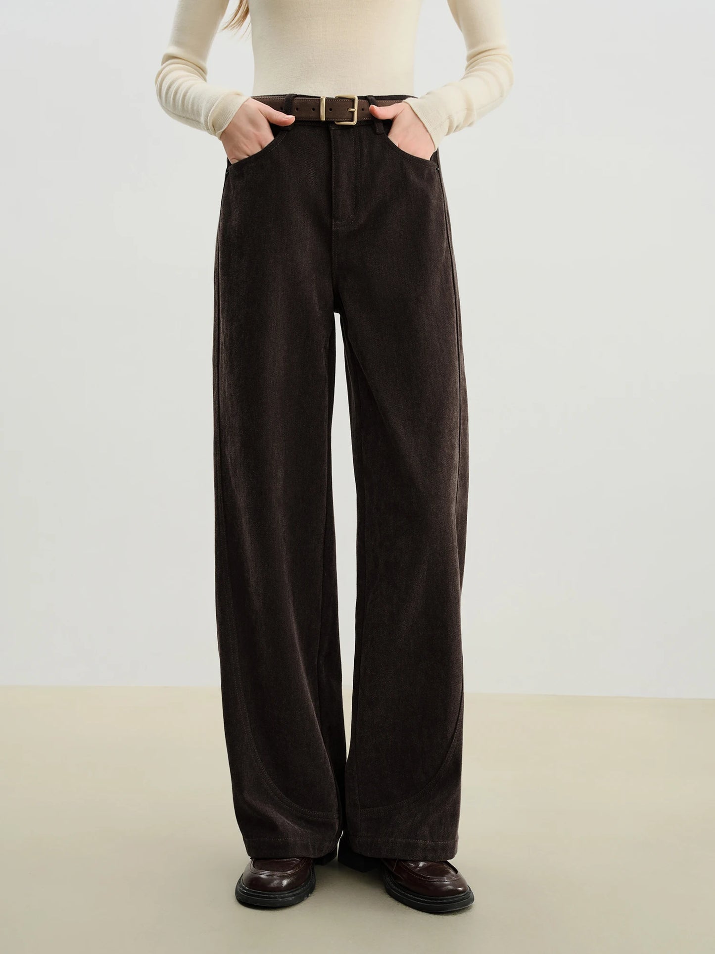 Dark Brown Curved Wide Leg Pants
