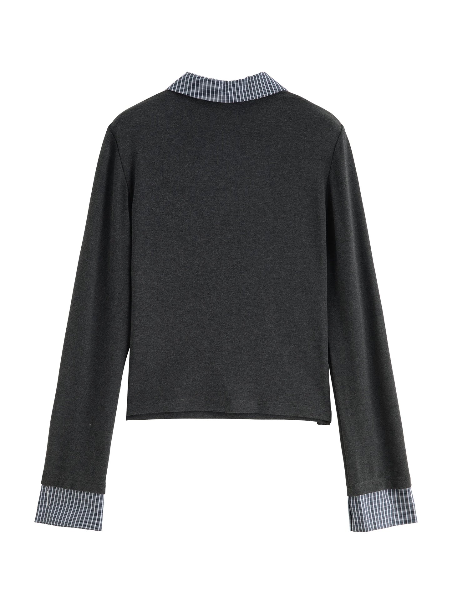 Charcoal Plaid Collar Long Sleeve Top