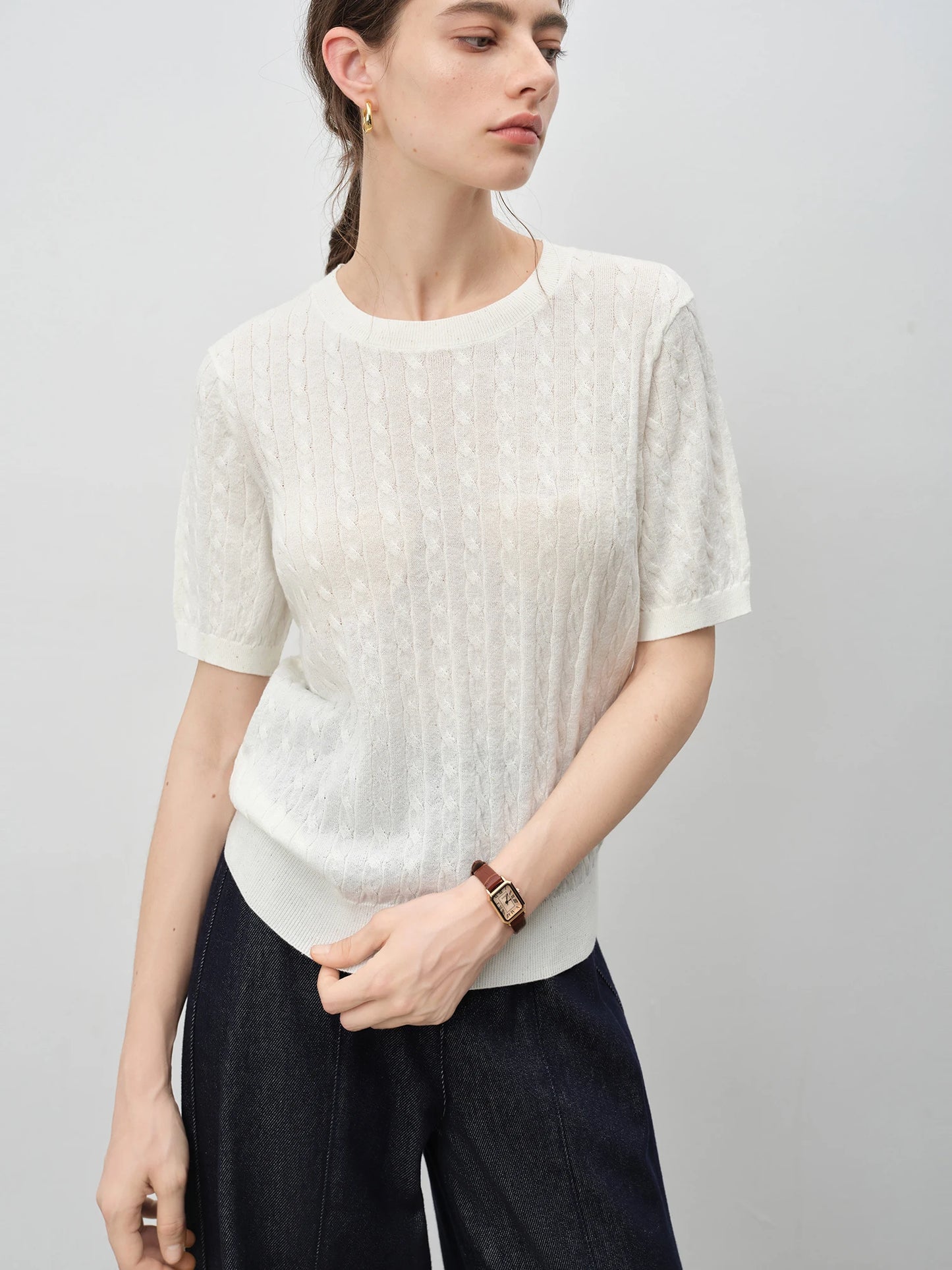 Light Gray Cable Knit Short Sleeve Top
