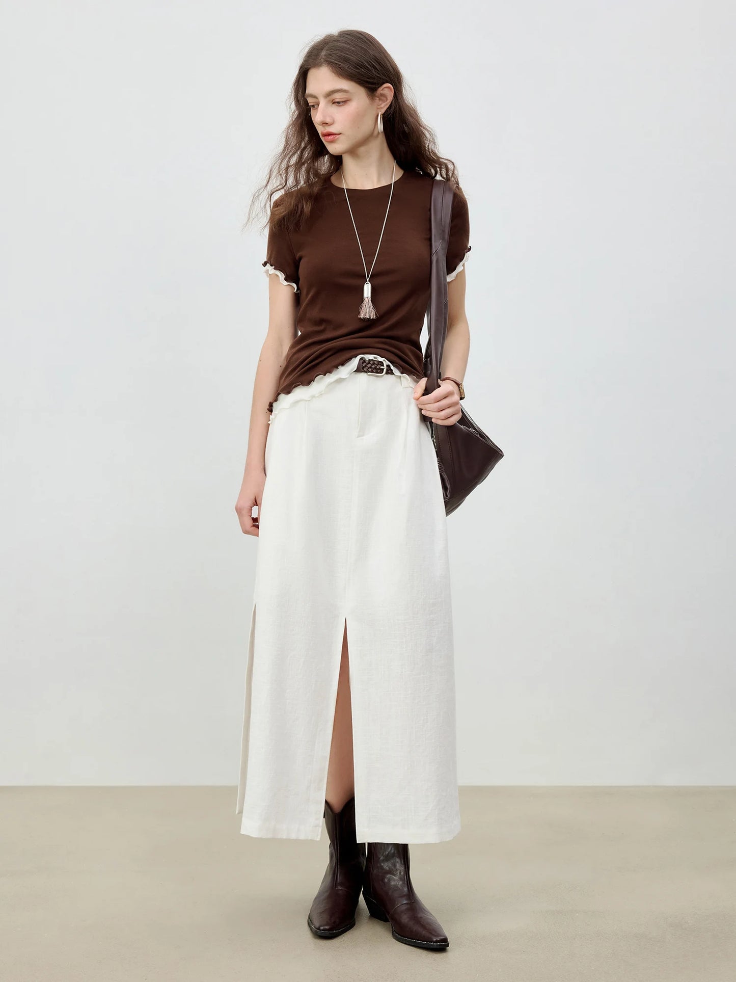 Linen A-Line Vent Hem Midi Skirt