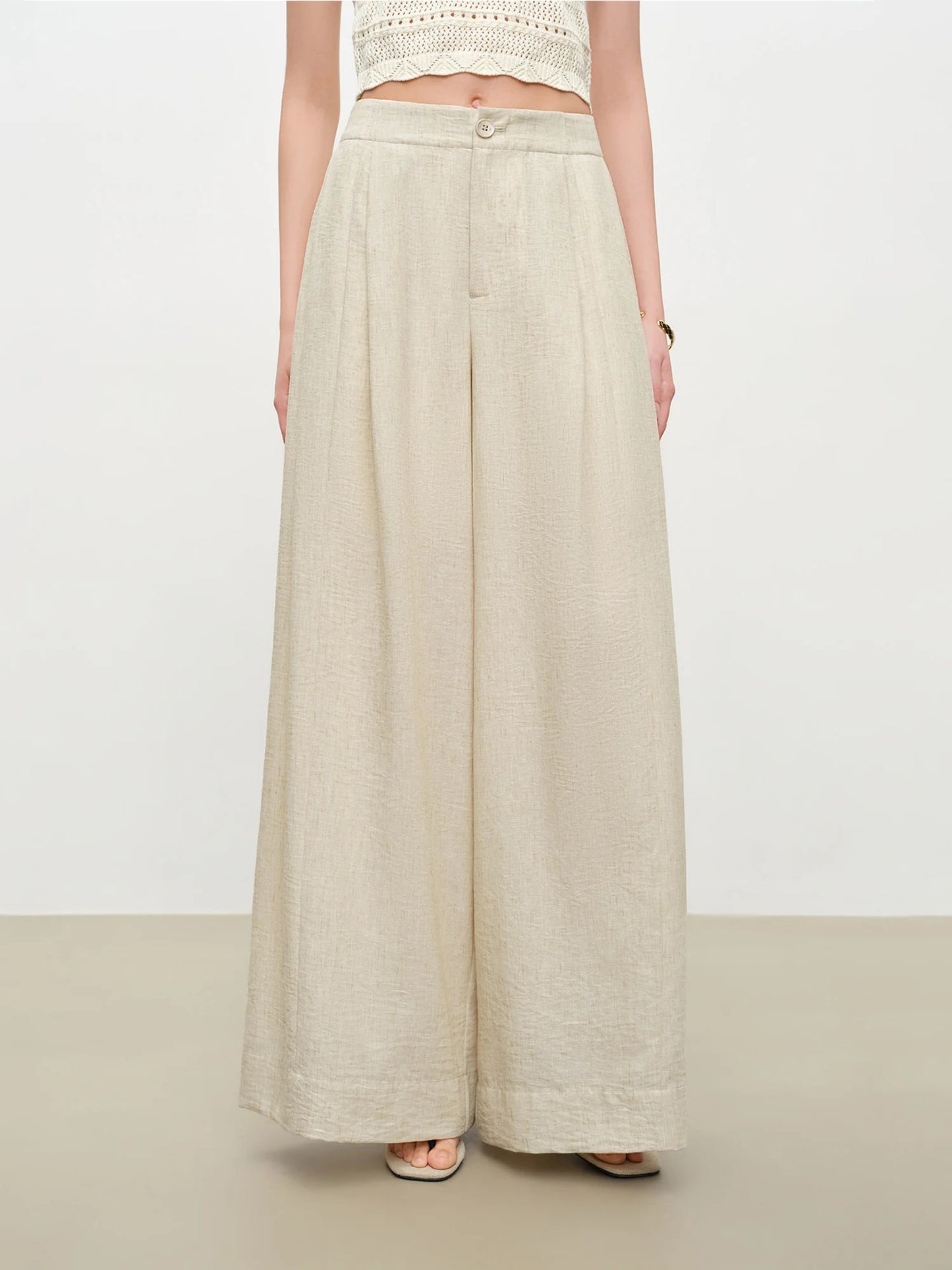 Oatmeal Pleated Wide Leg Trousers