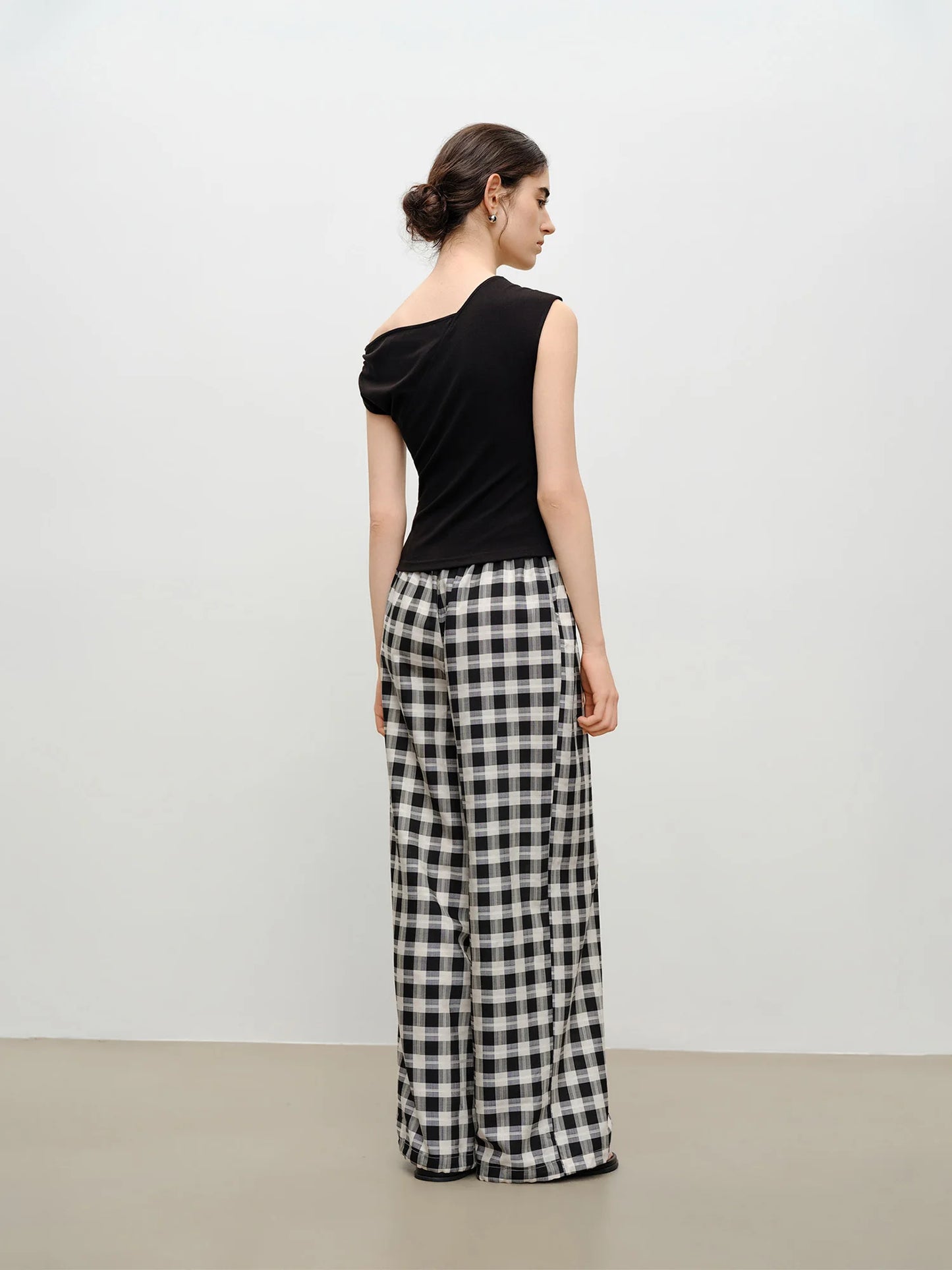 Black Plaid Drawstring Wide Pants