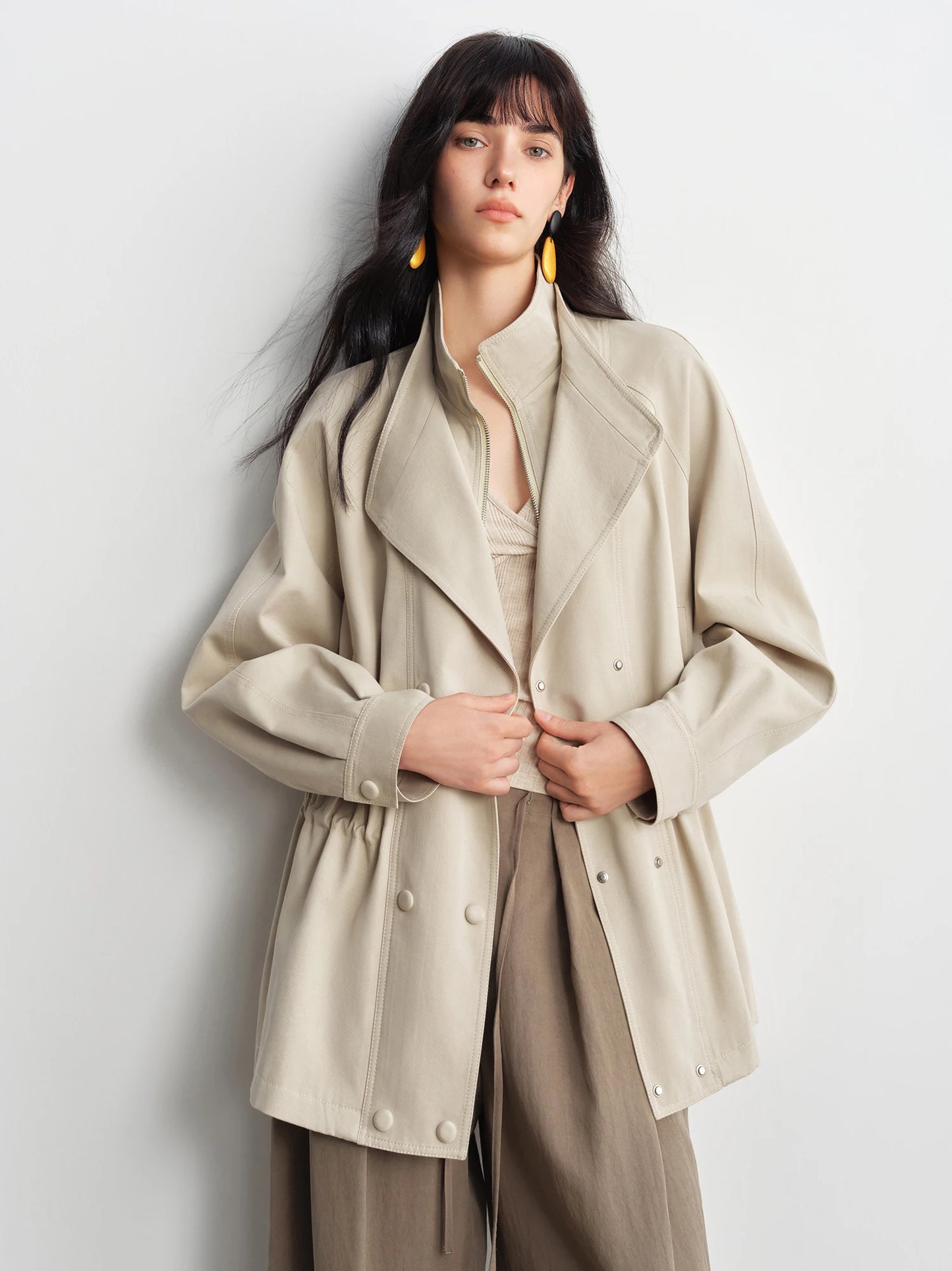 Beige Cinched Waist Utility Jacket