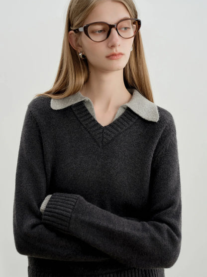 Black Contrast Collar Knit Sweater